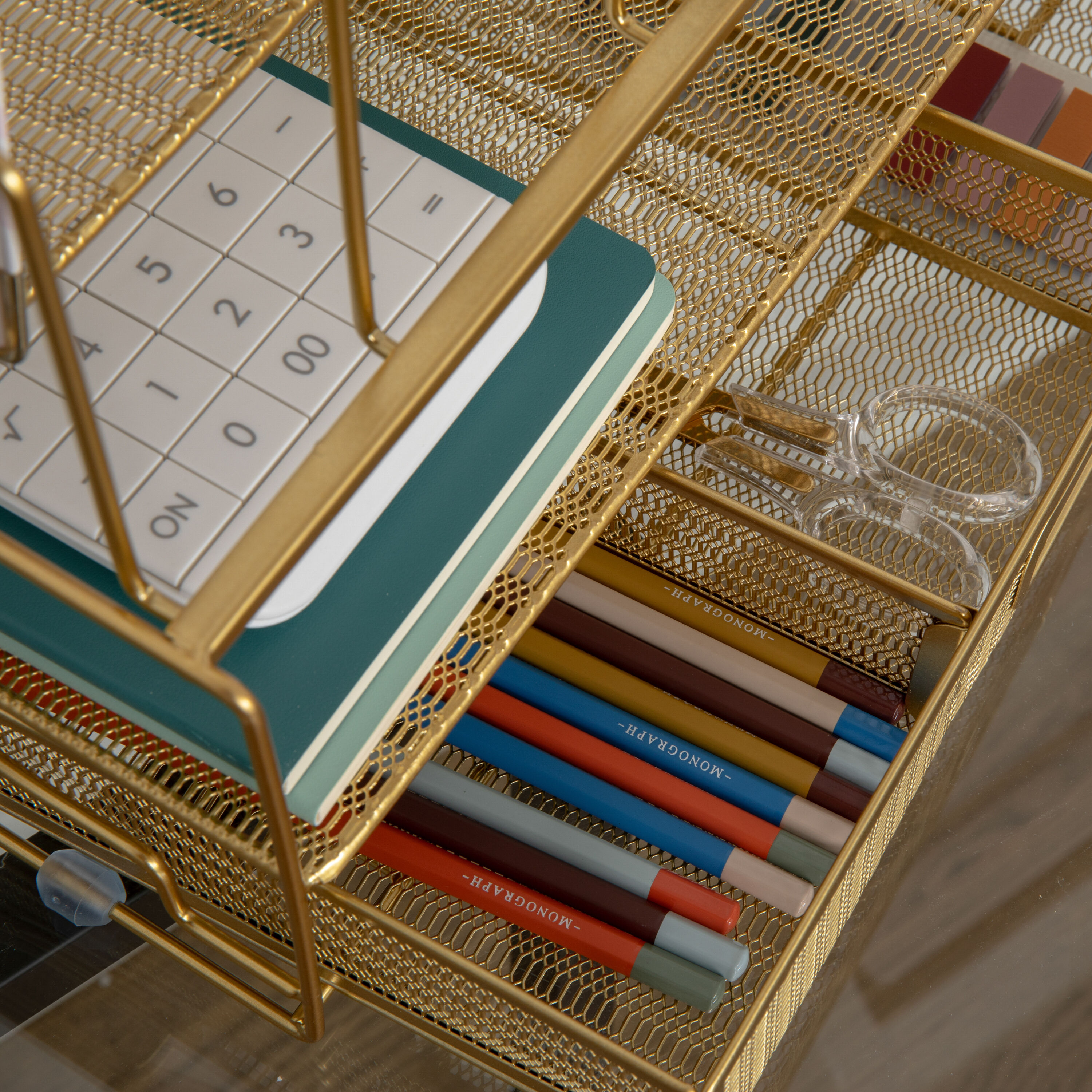 Gold Mesh Metal Large Desktop Organizer with Drawer and File Holder