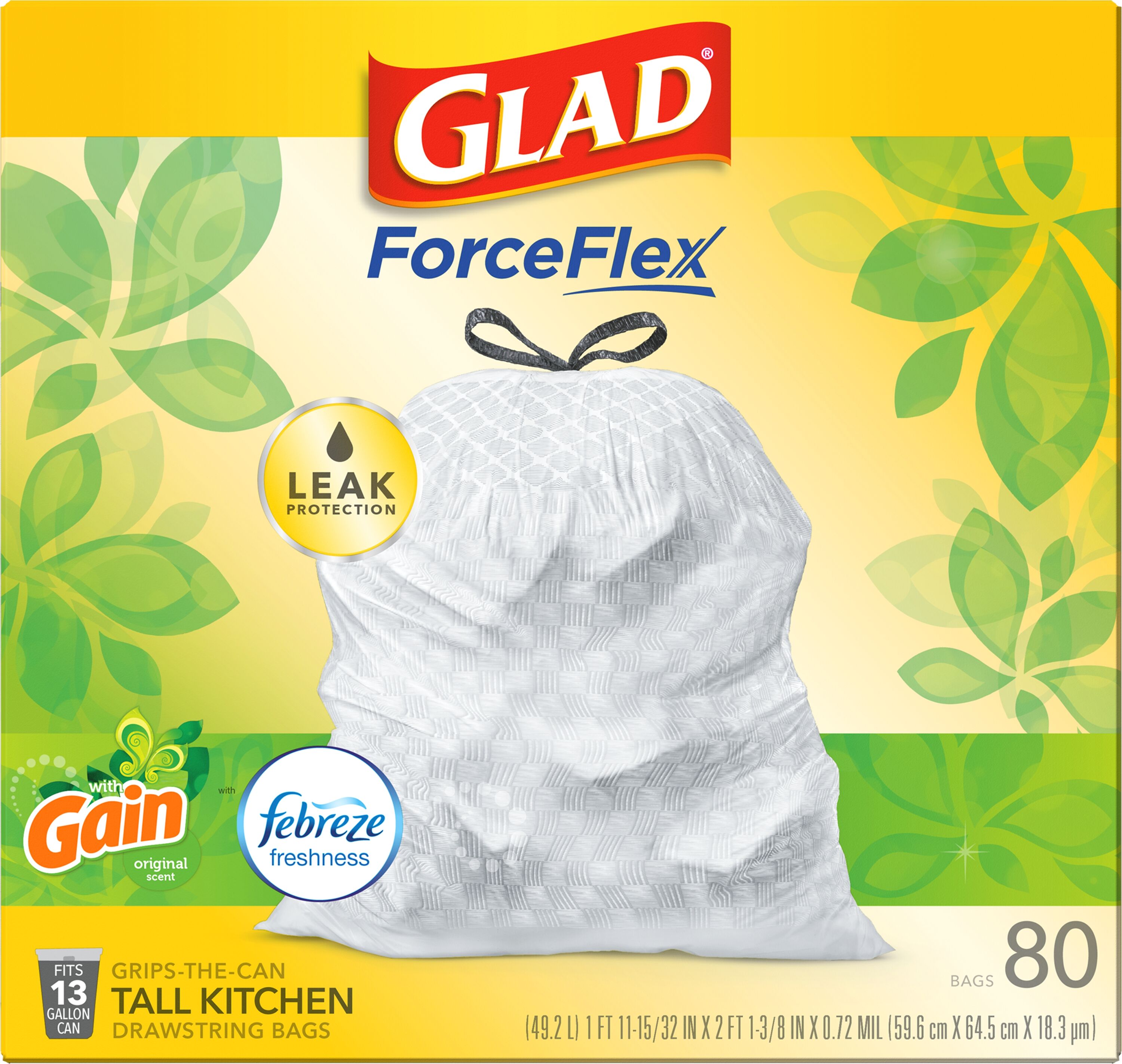  Glad Tall Kitchen Quick-Tie Trash Bags, OdorShield 13 Gallon  White Trash Bag, Gain Moonlight Breeze with Febreze Freshness, 40 Count :  Health & Household