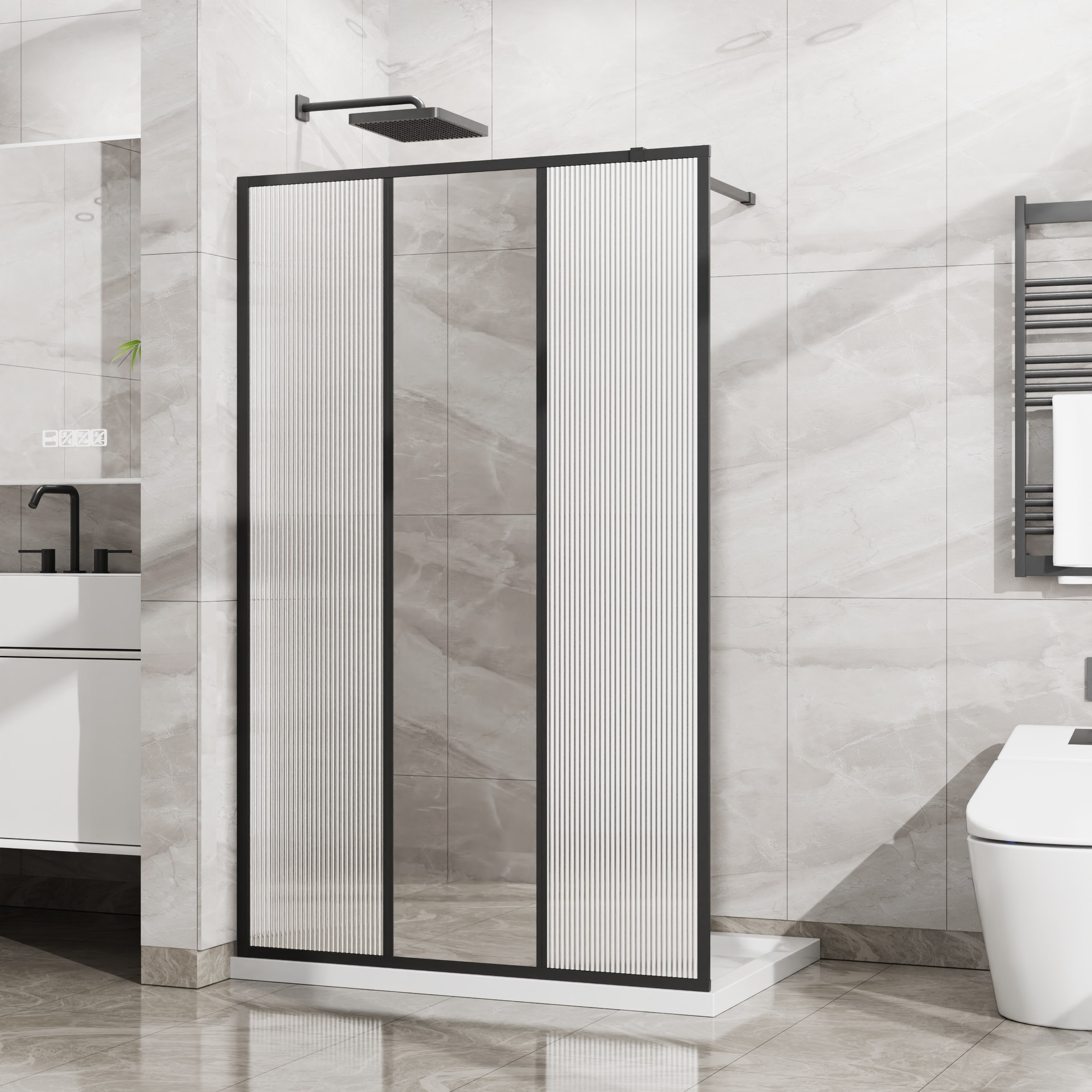 Boho Havens Goodyo 46 Inch W x 72 H Shower Door 3-Panel Design with Center Mirror Fluted Pattern 1/5 (5mm) Tempered Glass Explosion-proof Film Fixed Walk-in Screen Panel Matte Black Frame #ZC-D163165615