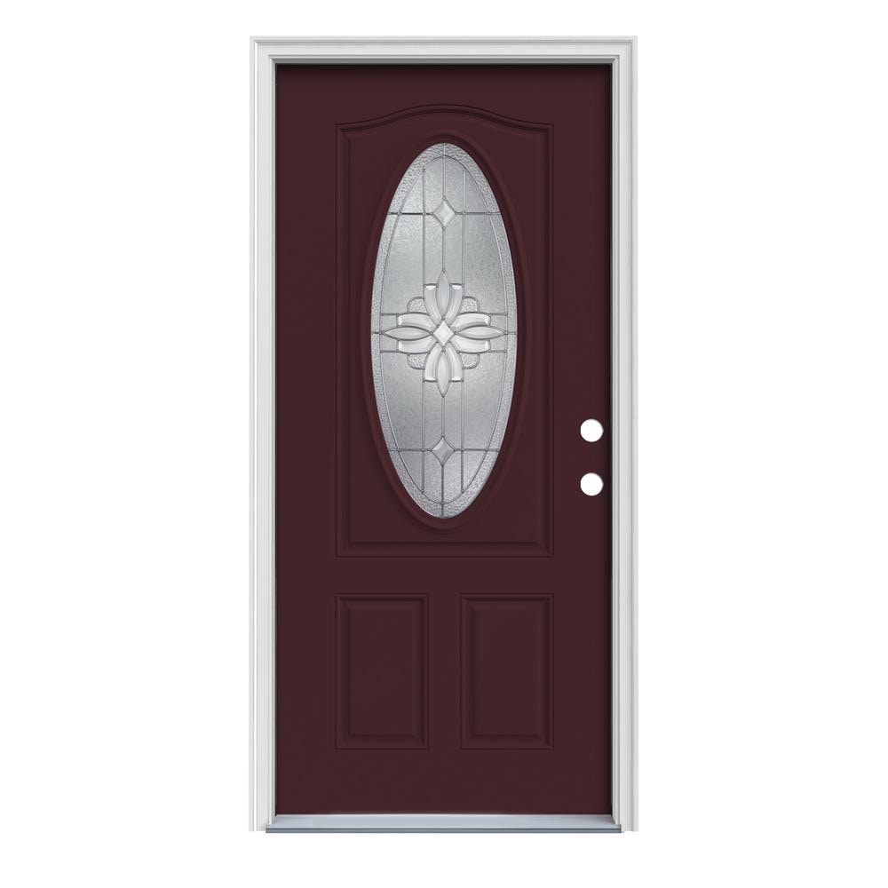 JELD-WEN LOWOLJW166800166 Laurel 32-in x 80-in x 4-9/16-in Steel Oval Lite Left-Hand Inswing Currant Painted Prehung Front Door with Brickmould Insulating Core