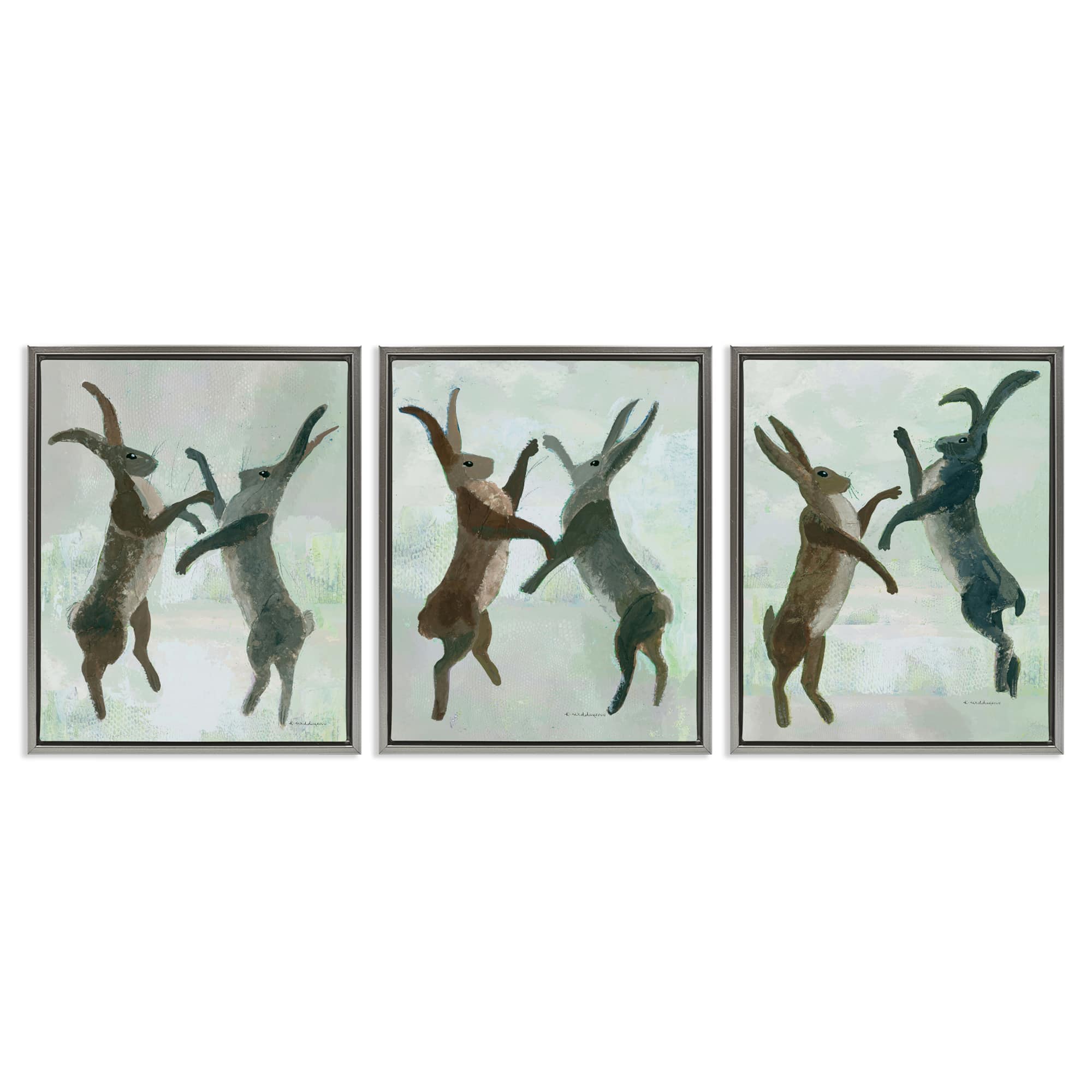 Stupell Industries A3-462-FFL-3PC-16X20 Battling Hares in Neutral Tones 3 Piece Gray Framed Floater Canvas Set By Kay Widdowson 17 x 21