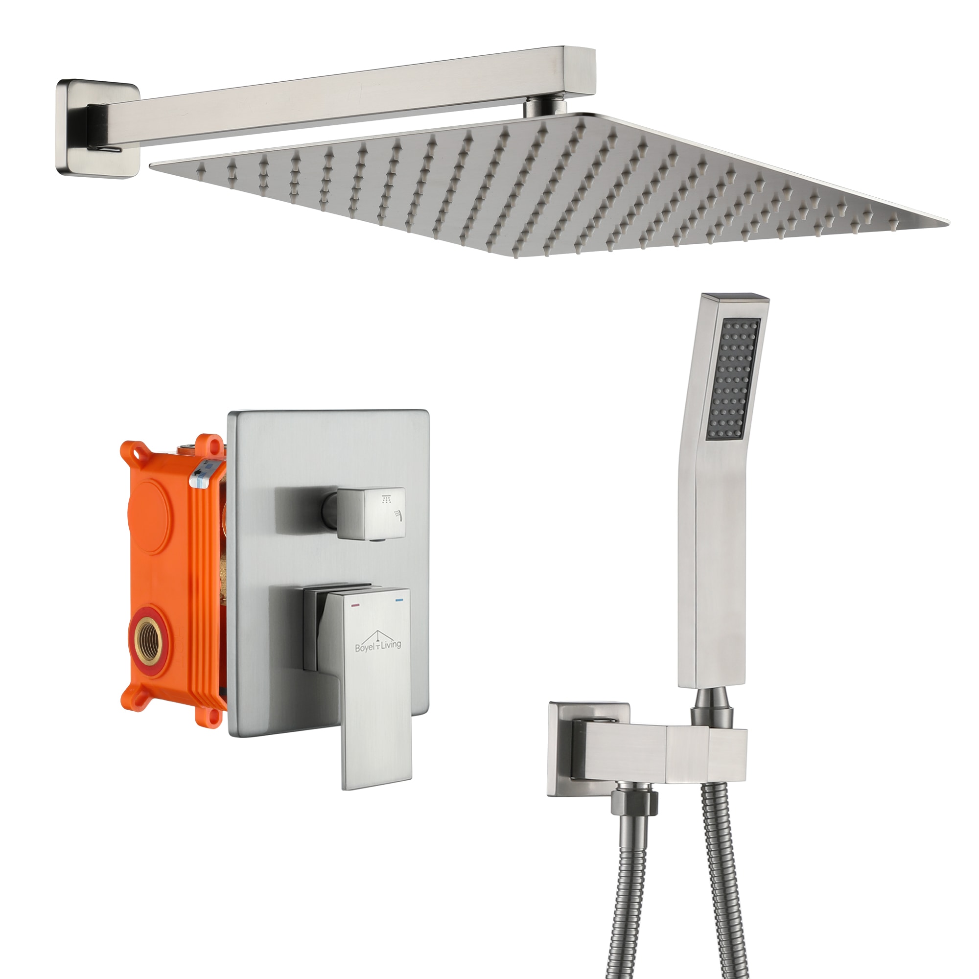 Clihome CHMS-12BN-BOX01 Brushed Nickel 12-Inches Waterfall Dual Head Built-In Shower Faucet System with 2-way Diverter ( Pressure-balanced Valve Included )