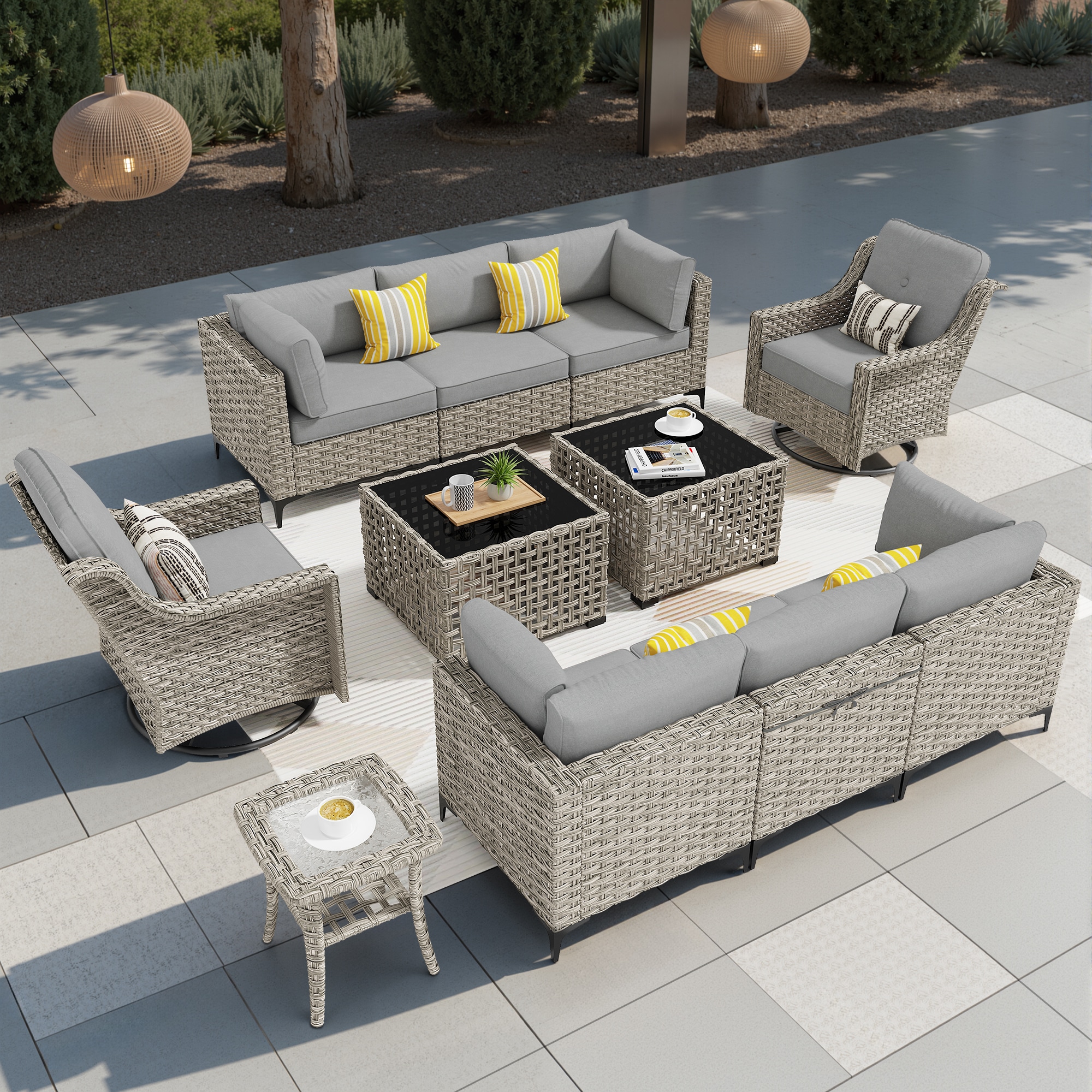 weaxty DSCRRSPAD2011 Lotus 11 -Piece Rattan Patio Conversation Set with Gray Cushions