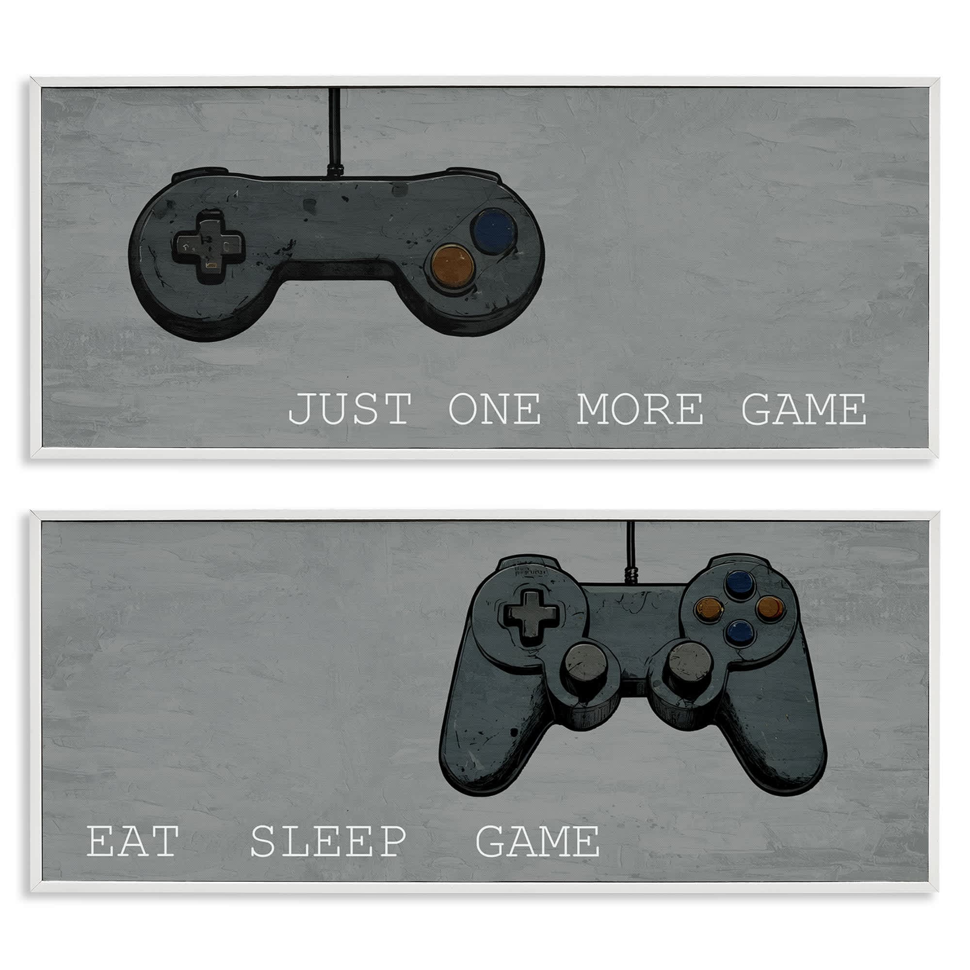 Stupell Industries B2-805-WFR-2PC-10X24 Gamer Phrases on Grey 2 Piece White Framed Giclee Art Set By Kim Allen 24 x 10