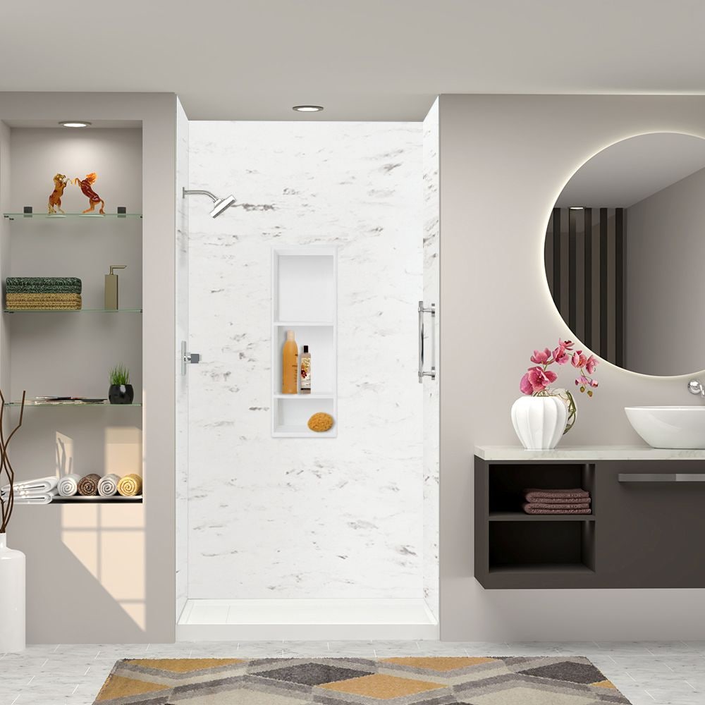 Transolid SWK483696-47V Saramar Velvet 48-in W x 36-in D x 96-in H White Venito Velvet 3.0 -Piece Glue Up Alcove Shower panel kit