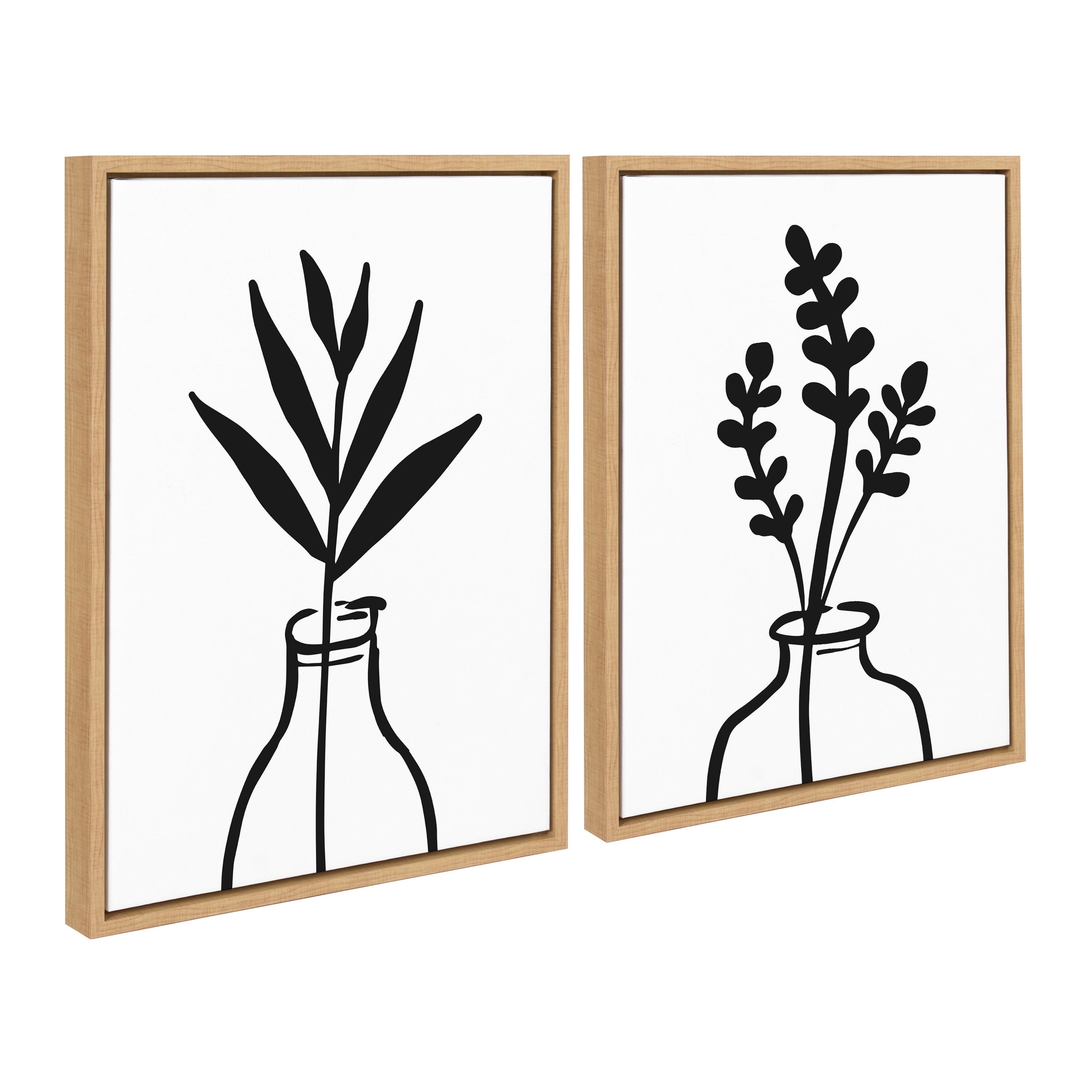 Modern Botanical Black and White Canvas Print Set with Natural Frames