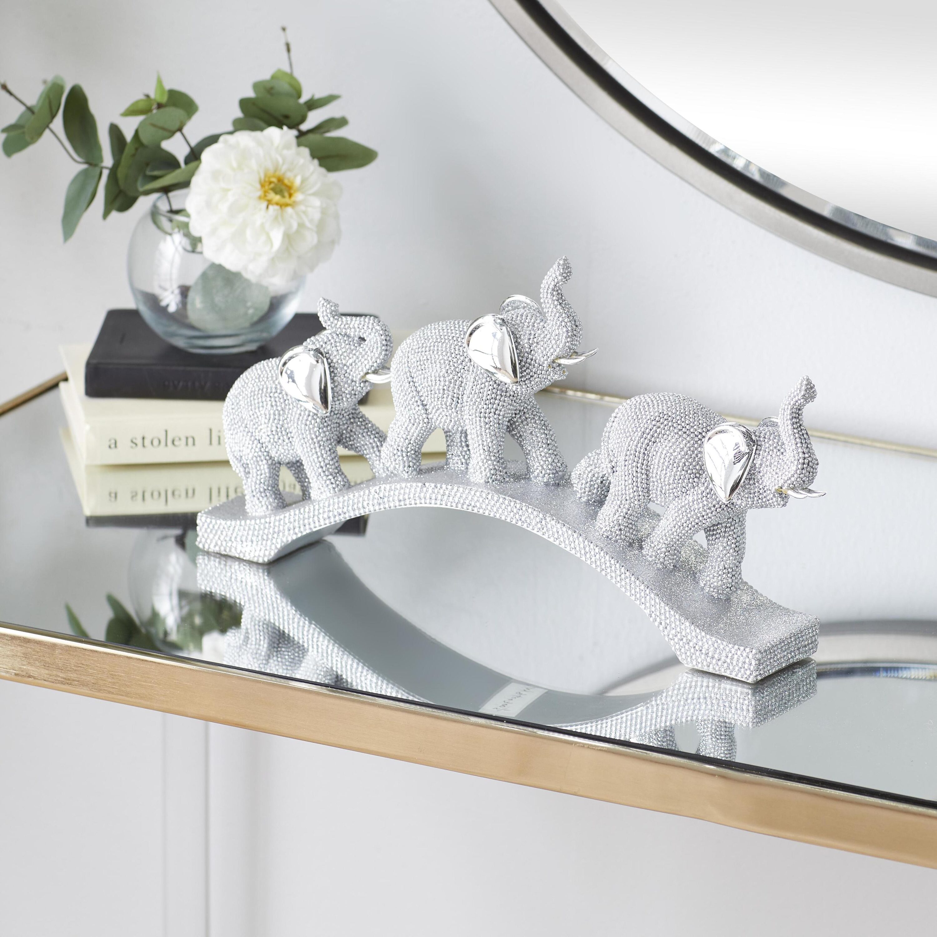 Silver Polystone Elephant Sculpture on Curved Base
