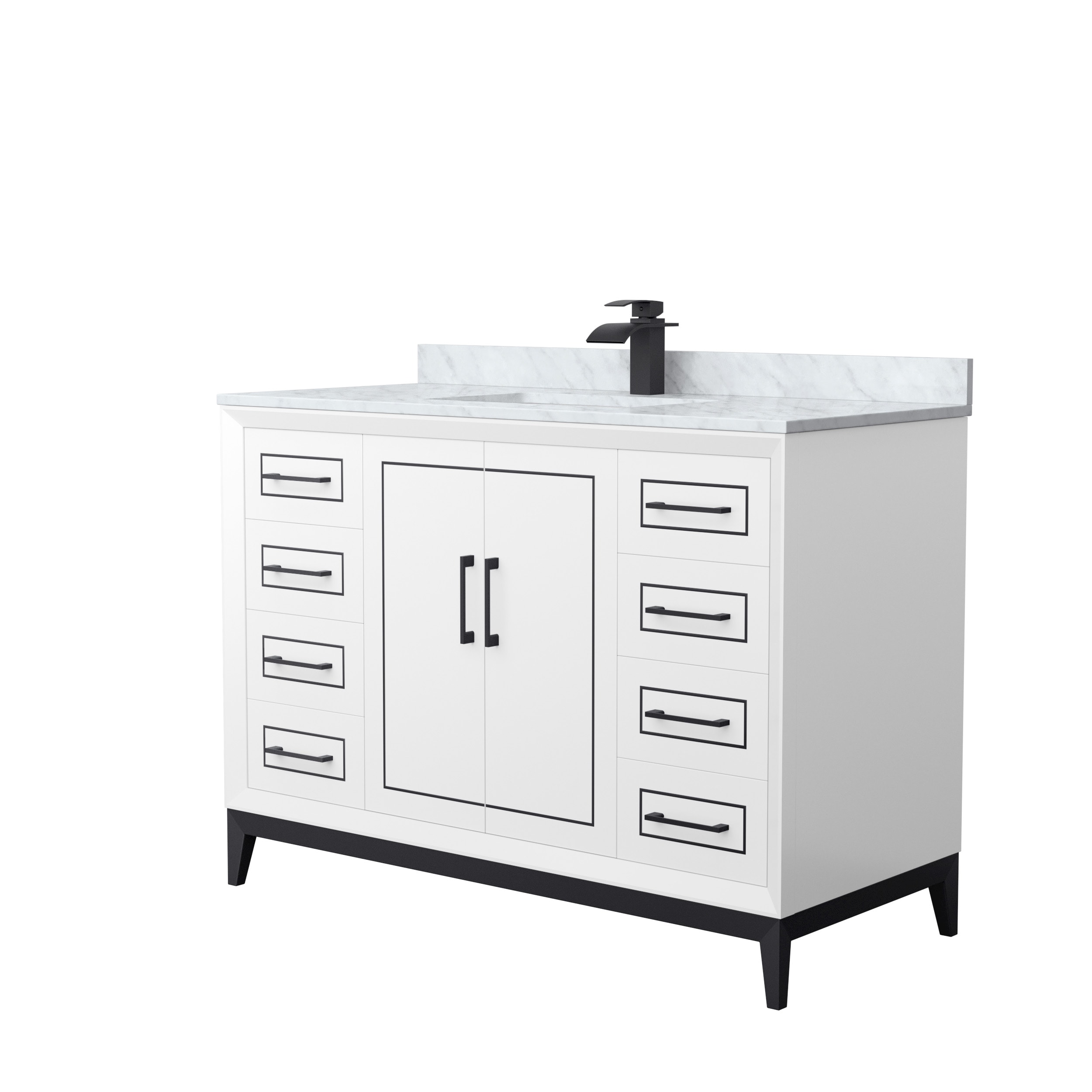 Wyndham Collection WCH515148SWBCMUNSMXX Marlena 48-in White with Matte Black Trim Undermount Single Sink Bathroom Vanity with White Carrara Marble Natural Marble Top
