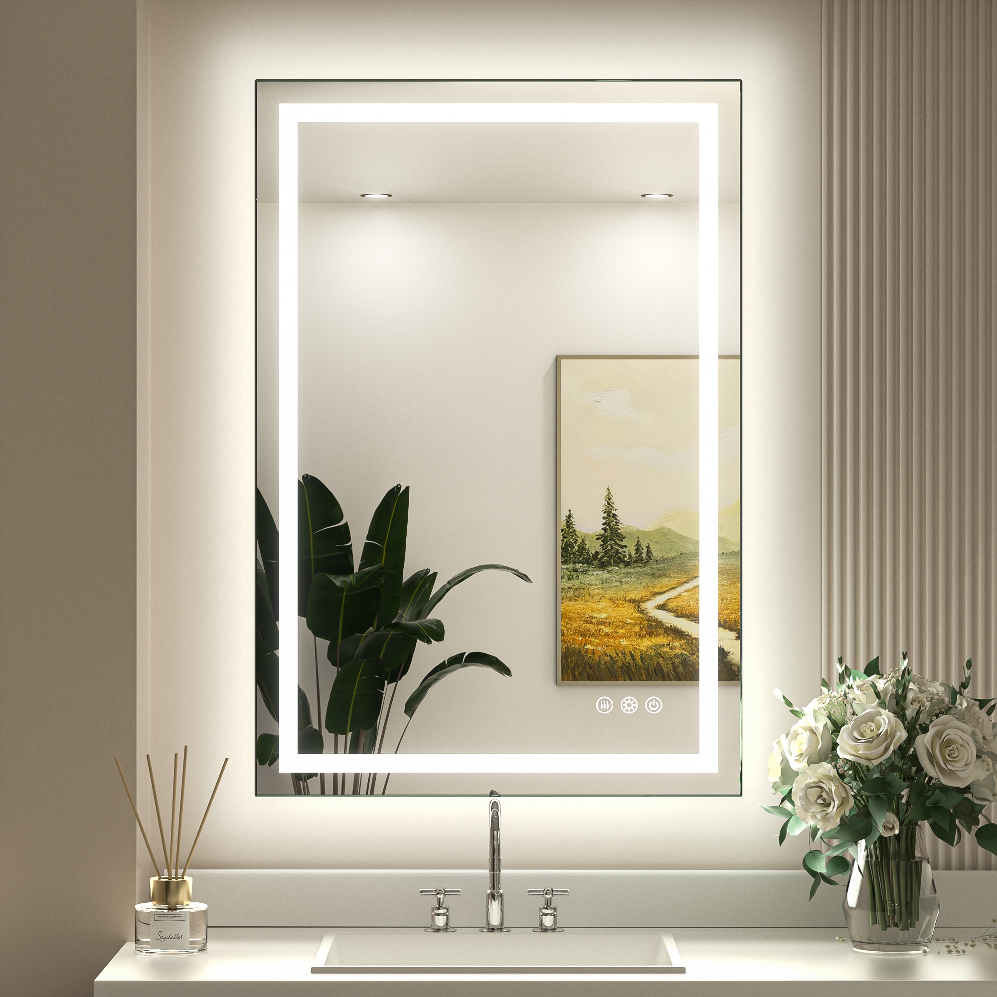Keonjinn LW-JZ-ZBGSSW2-6191 Bathroom Mirrors 24-in x 36-in Polished Frameless Rectangle Dimmable LED Lighted Fog Free Bathroom Vanity Mirror ( Bright White )