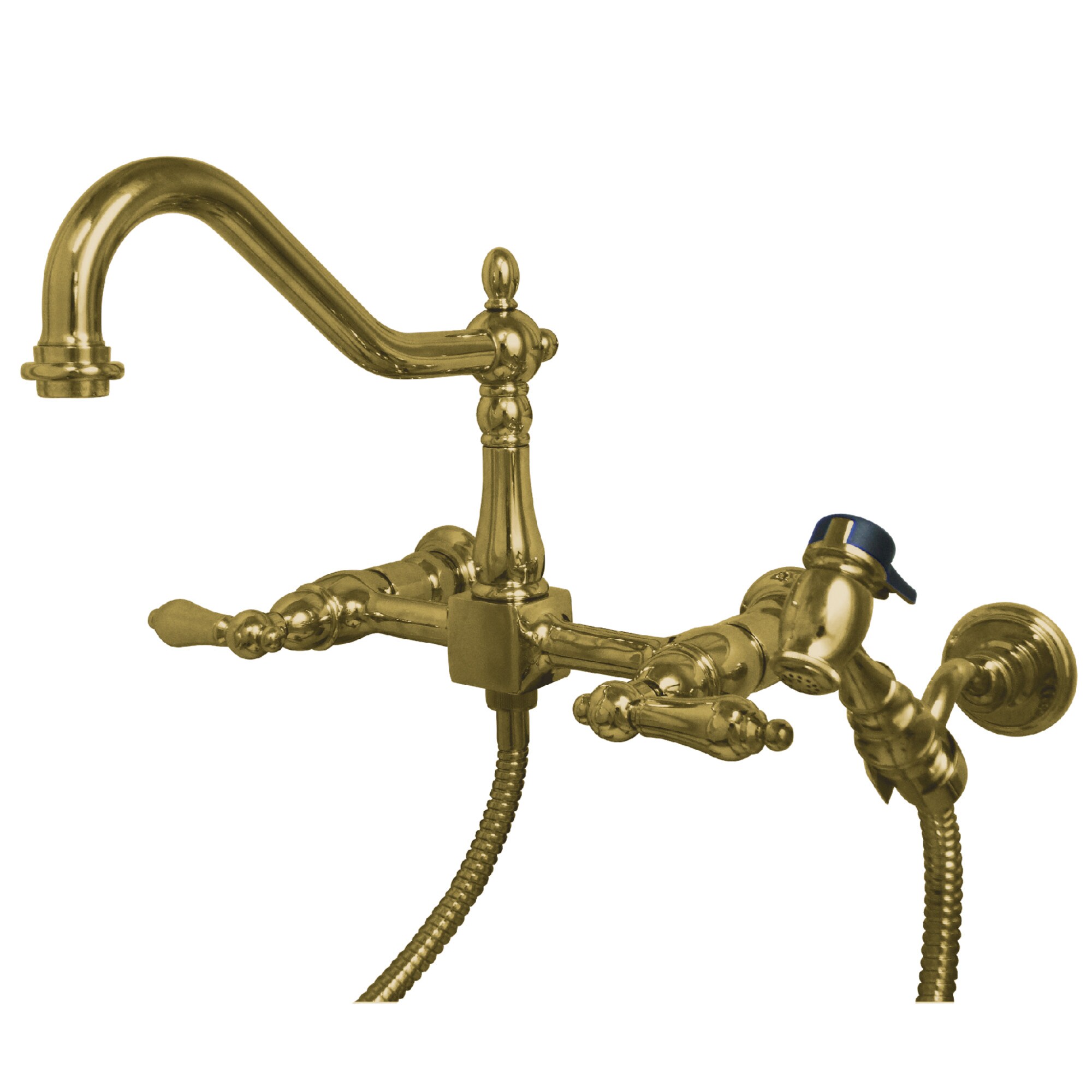Kingston Brass WLKS1242ALBS Polished Brass Double Handle Wall-mount Kitchen Faucet ( Side Sprayer Included )