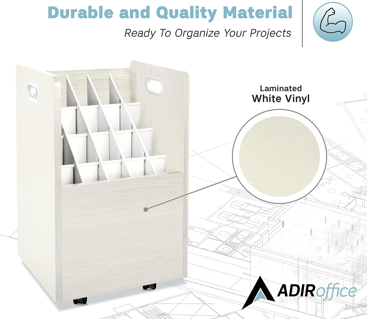 White Mobile Rolling Wood Blueprint Organizer with 20 Compartments