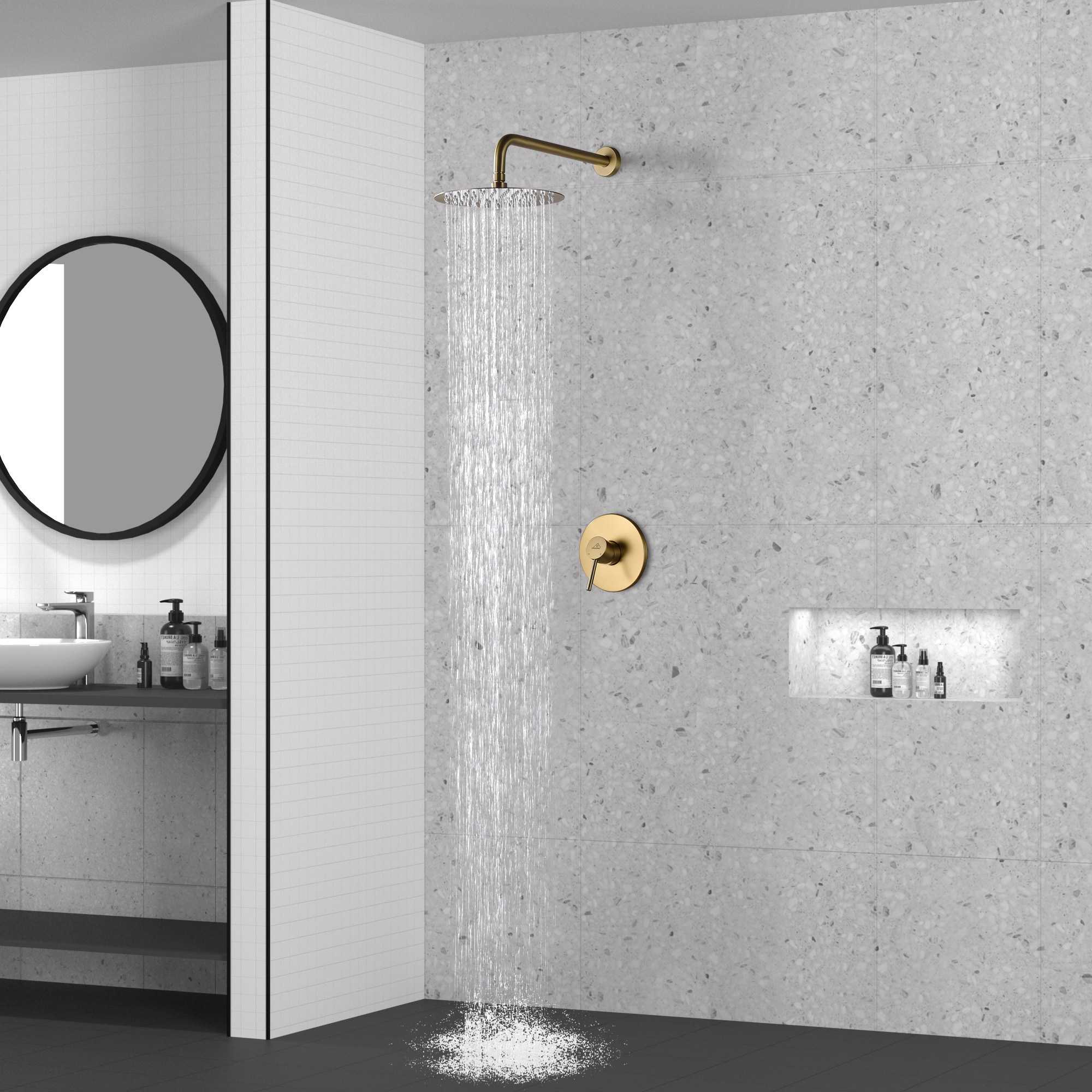 CASAINC M6609-A-10-BG Round Single Functions Wall Mount Brush Gold Shower Faucet Brush Gold 1-handle Single function 10-Inches Round Shower Faucet with Valve