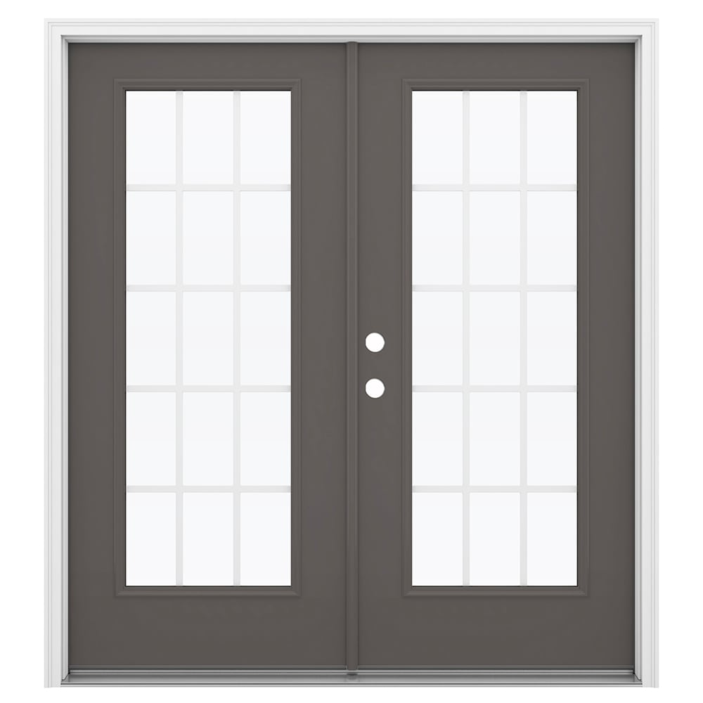 JELD-WEN LOWOLJW206000150 French 72-in x 80-in x 4-9/16-in Jamb Low-e Grilles Between The Glass Timber Gray Steel French Right-Hand Inswing Double Patio Door Brickmould Included