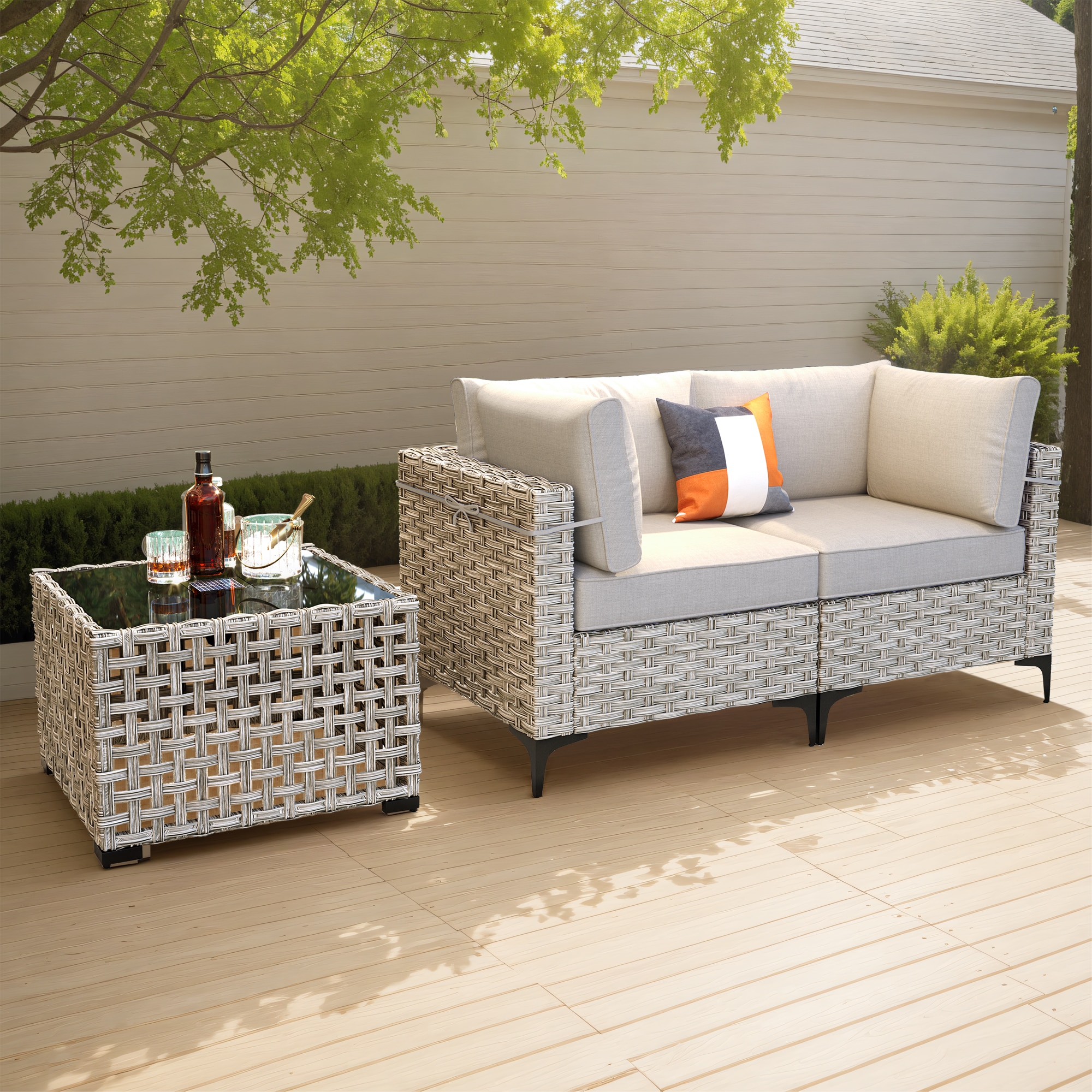Pouuin SKT603 3-Piece Wicker Patio Conversation Set with Off-white Cushions