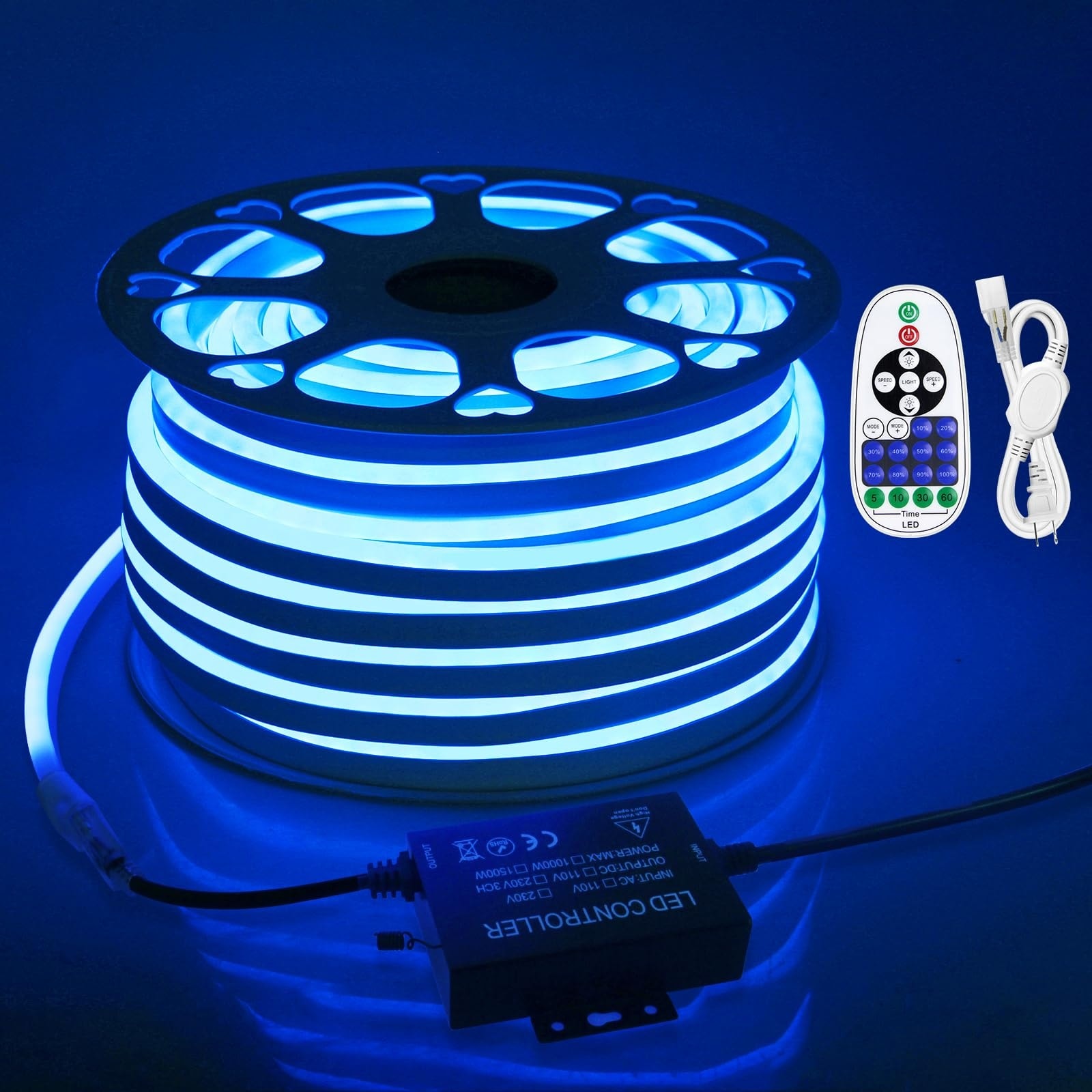 Oyezvary  150ft Blue Neon LED Rope Lights Outdoor Waterproof Flexible Silicone Tube Dimmable Controller Remote Cuttable for Bedroom Garden Yard