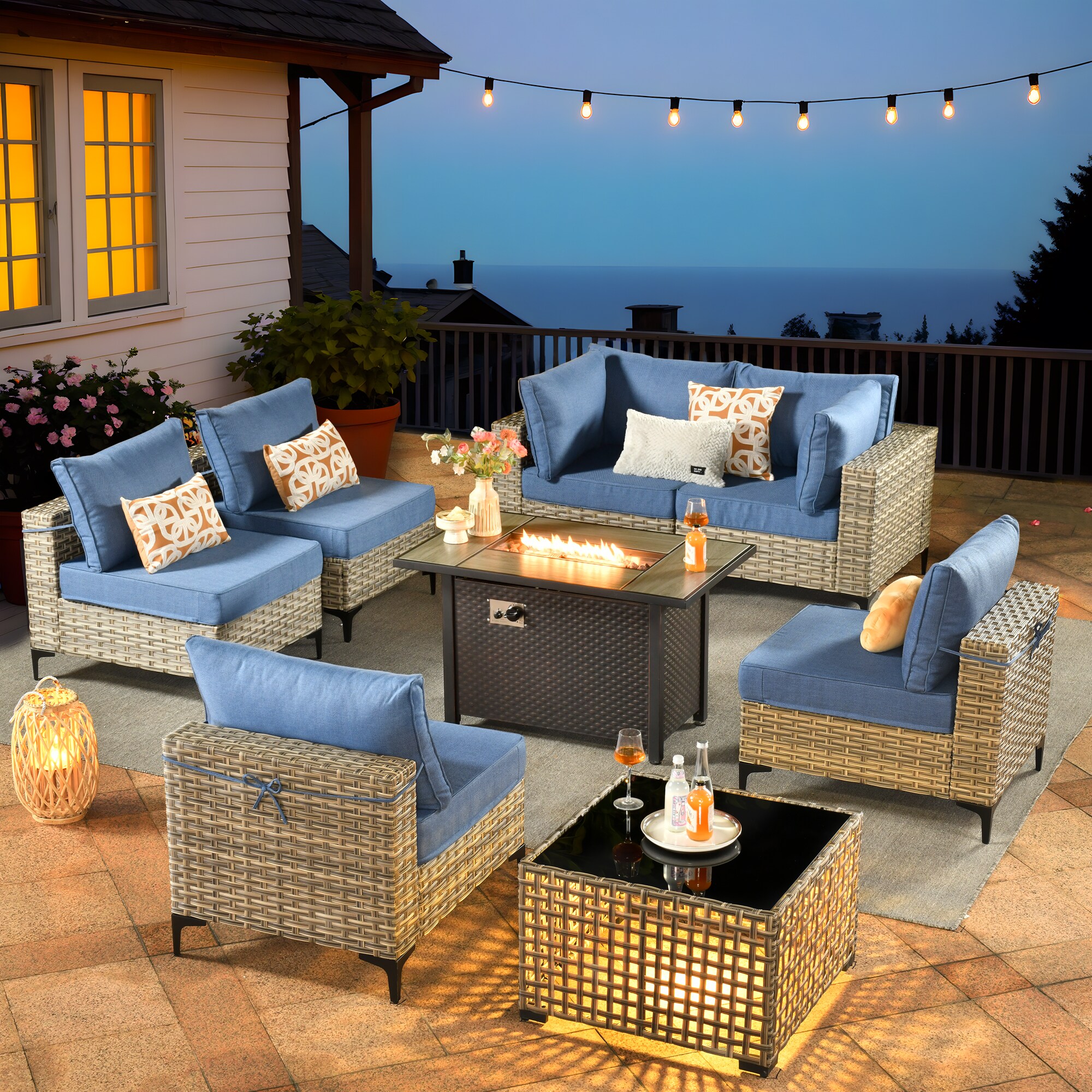 Caodoc L5-CFP03-SKT508-1 SKT Wicker Outdoor Sofa with Blue Cushions and Wicker Frame