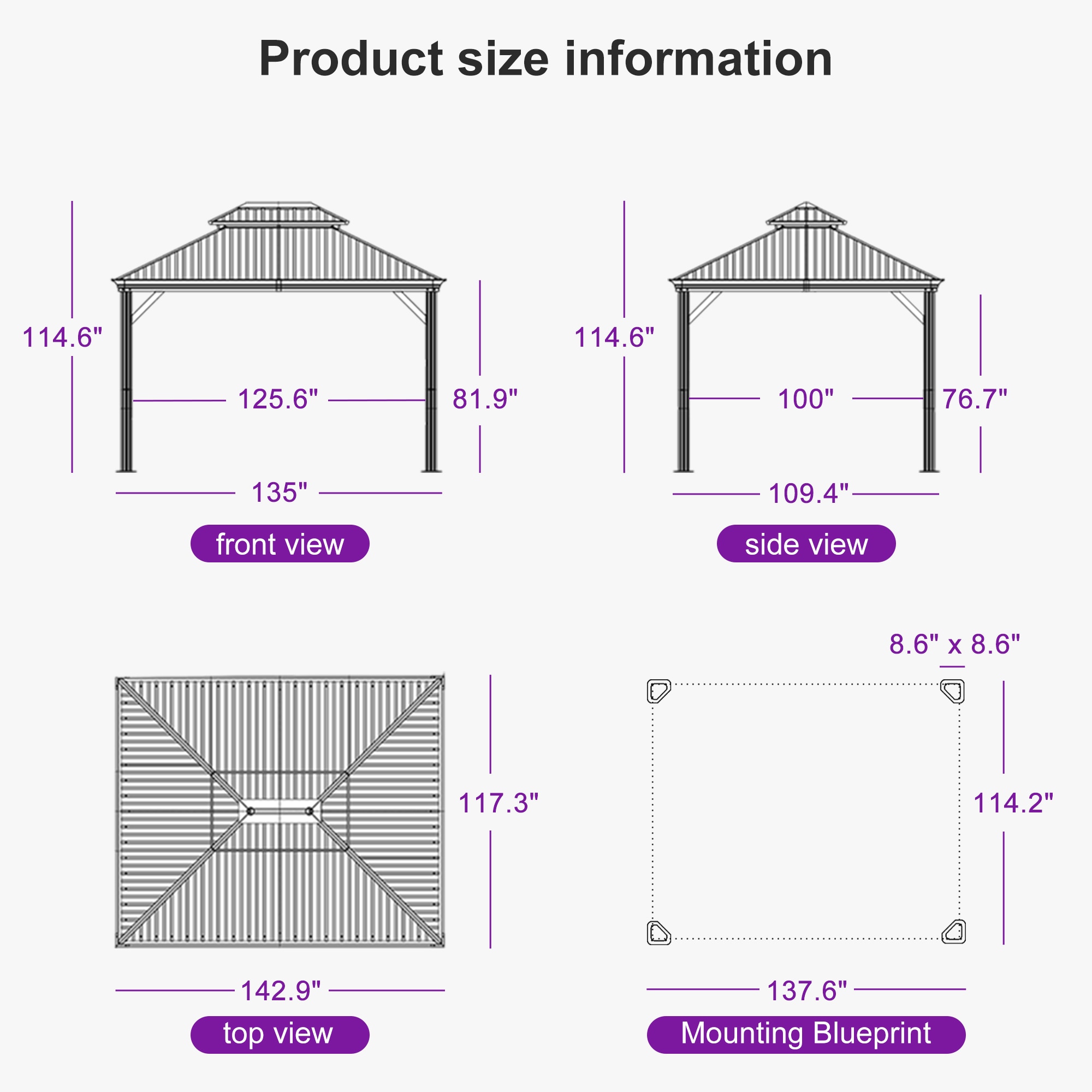Light Gray 10' x 12' Double Roof Aluminum Patio Gazebo