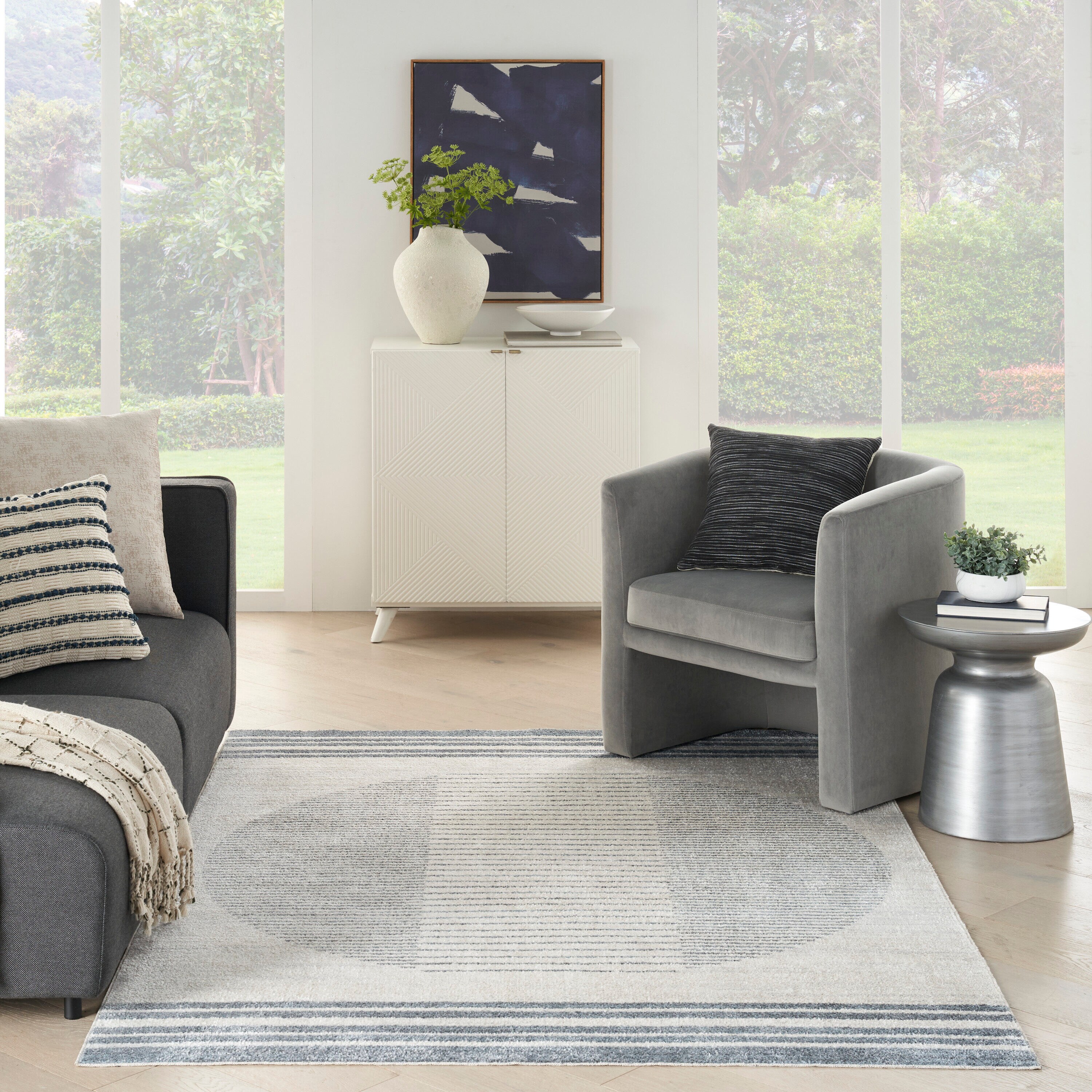 Scandinavian Charm Blue Stripe Washable 5' x 7' Wool Blend Rug
