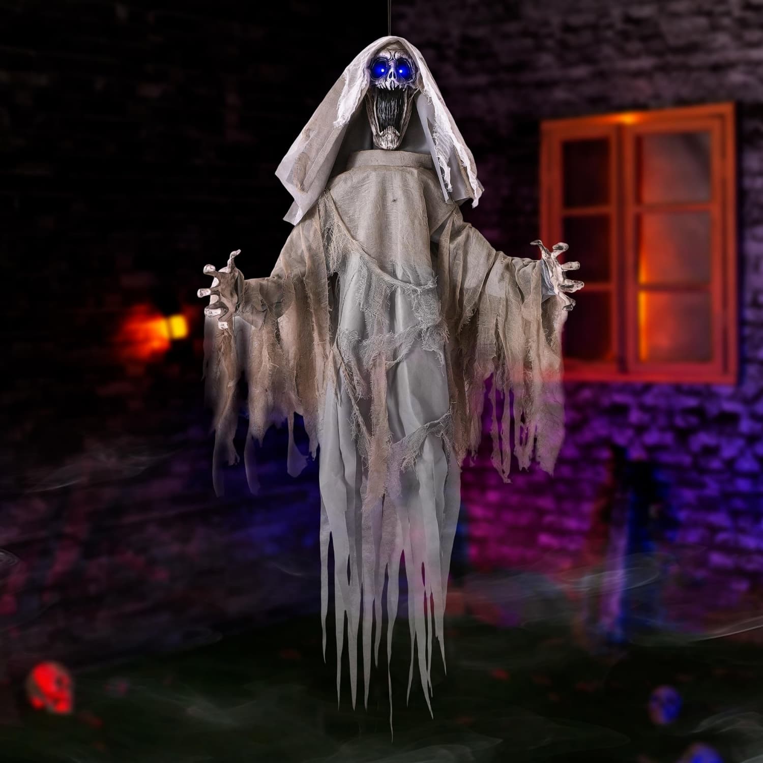 OGETFUUR 59-in Motion Activated Hanging Halloween Animatronic Ghost with Glowing Blue Eyes Creepy Voice Adjustable Arms Halloween Decorations for Indoor Outdoor Haunted House Battery Not Included