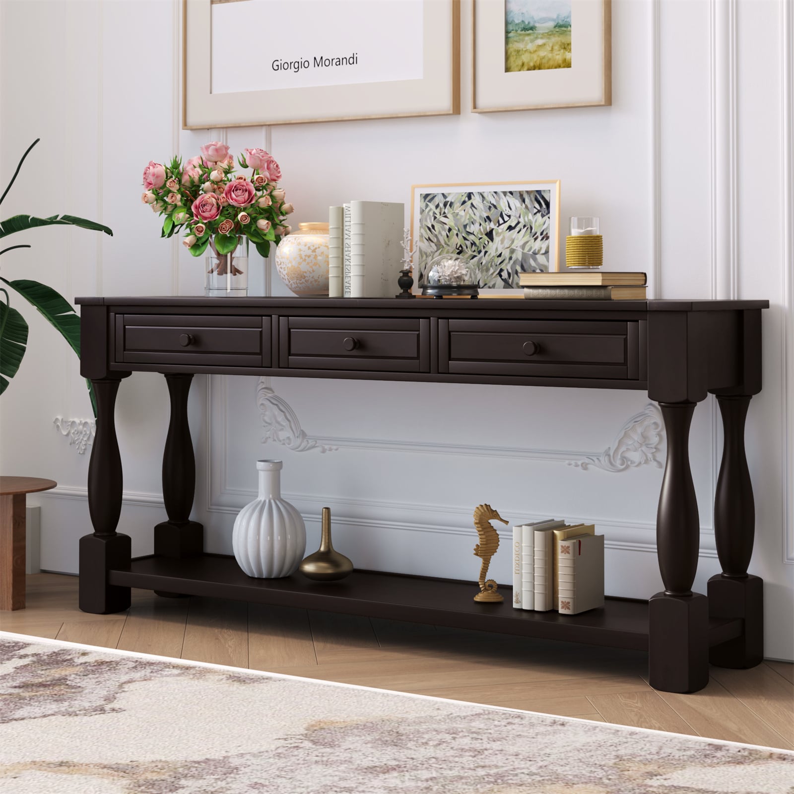 Espresso console clearance table with drawers