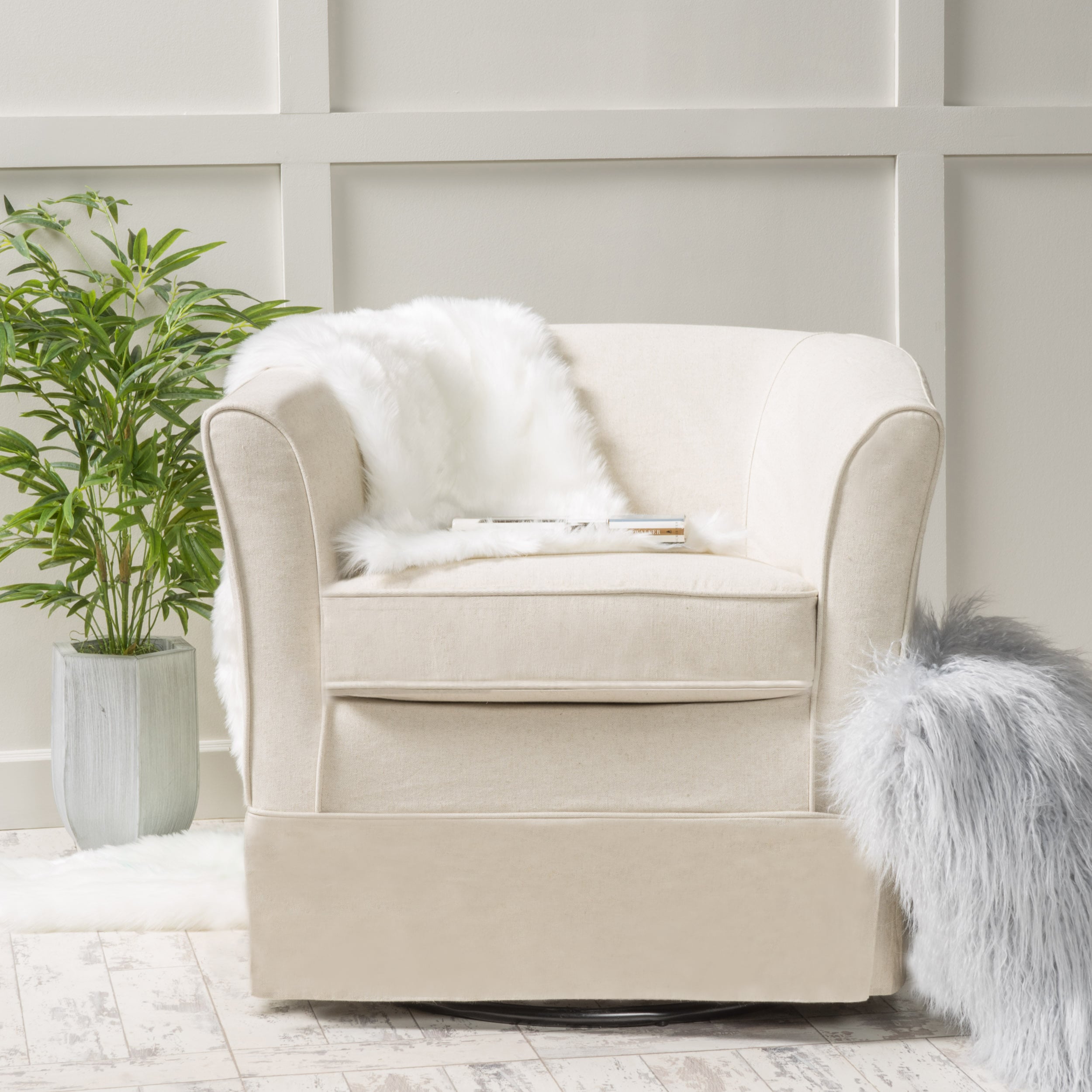 Natural Fabric Barrel Swivel Club Chair with Metal Base