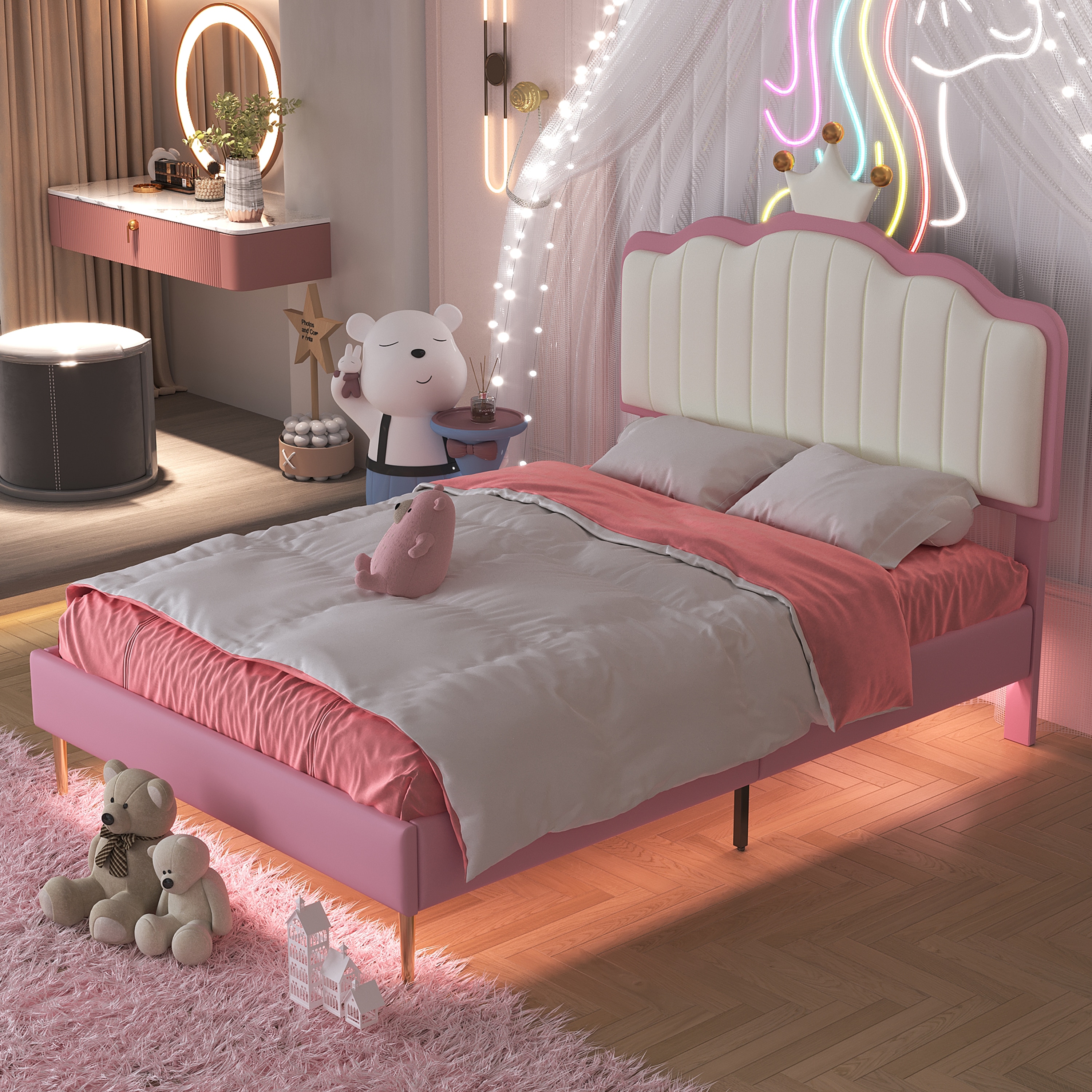 ModernLuxe N733P180802H Twin size Upholstered Princess Bed With Crown HeadboardPlatform Bed with  with Light StripsGolden Metal LegsWhitePink