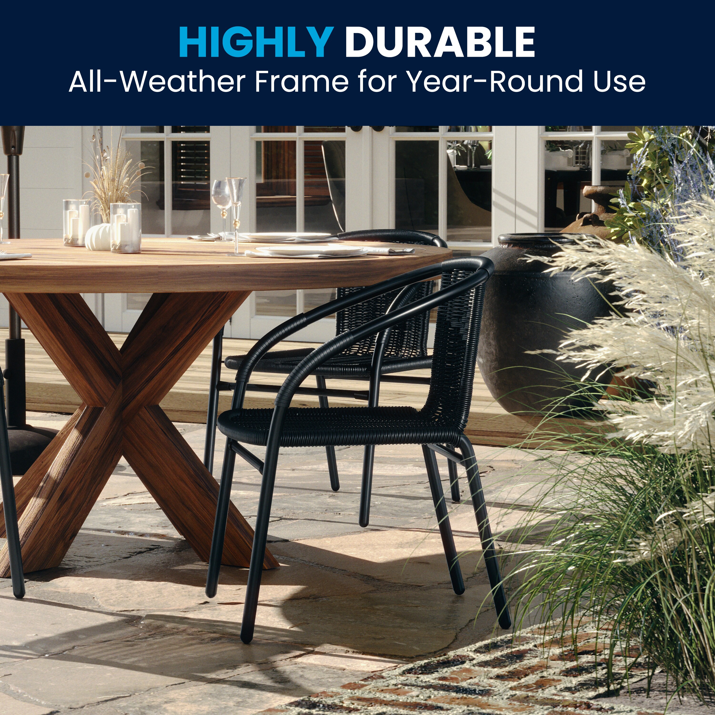 Black Rattan Stackable Outdoor Dining Chair, Pair