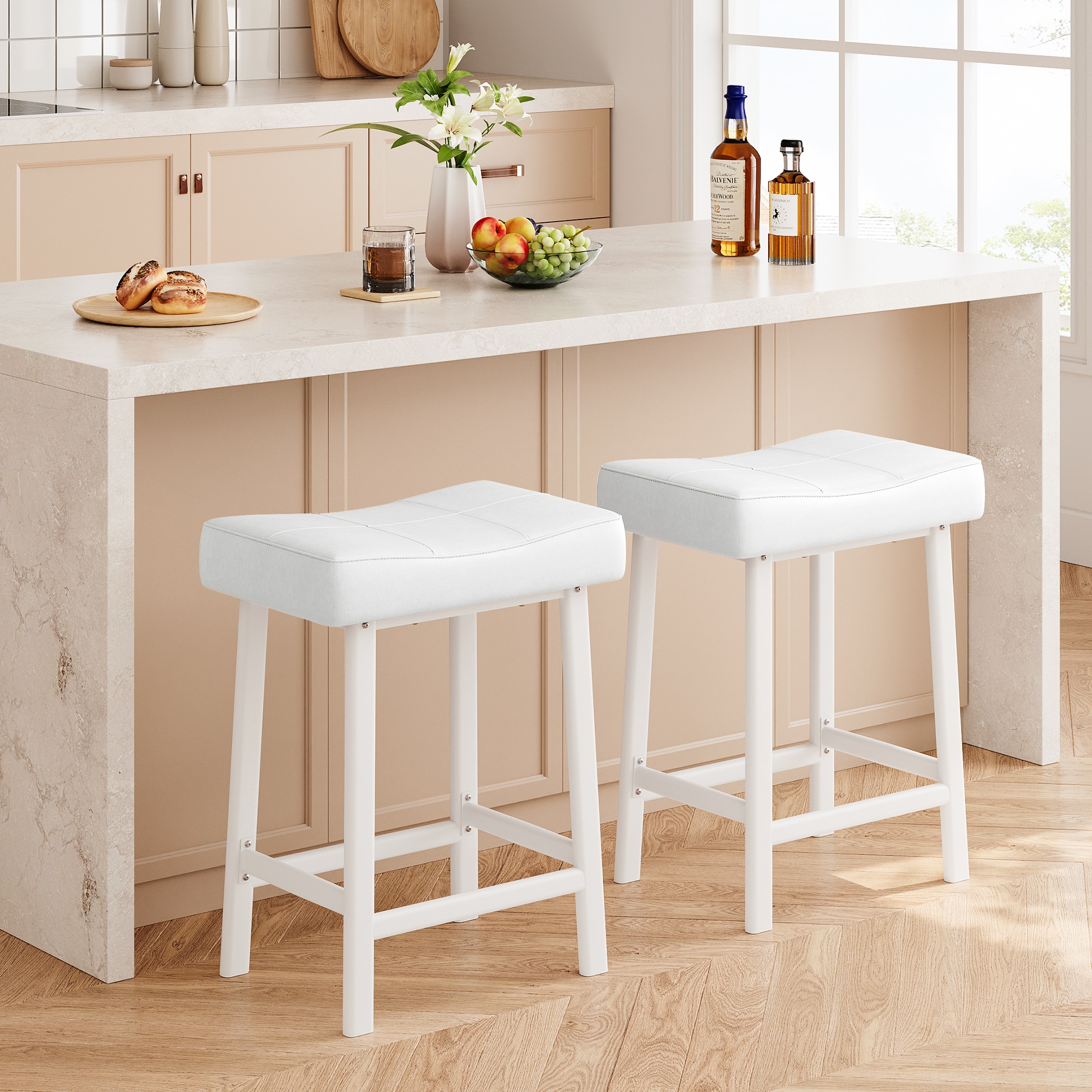 IdealHouse 24 Inch Counter Height Bar Stools Set of 2 Backless Saddle PU Leather Upholstered Curved Padded Seats Modern Metal Base Easy Assembly Ideal for Kitchen Island or Home Bar White