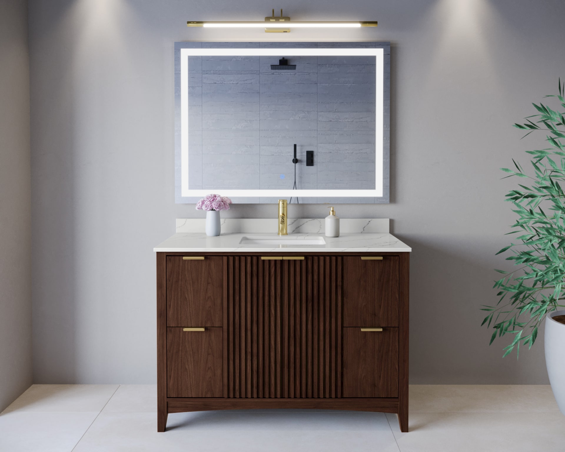 Wyndham Collection WCF919148SDDGTUNSMXX Palmilla 48-in Dark Walnut with Brushed Gold Trim Undermount Single Sink Bathroom Vanity with Giotto Quartz Quartz Top