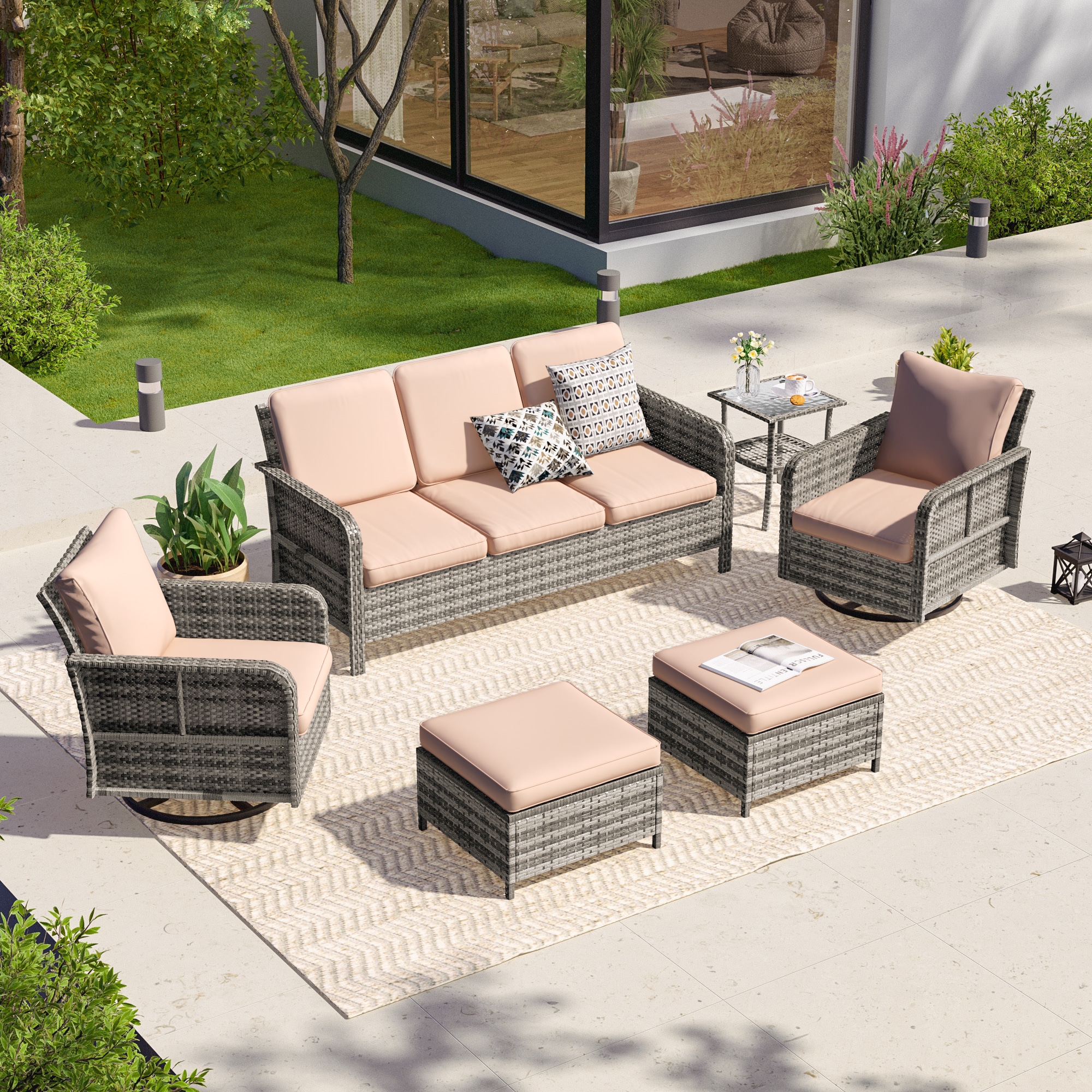 ACEGOSES LW-2R155HSD-T2 Skytop 6 -Piece Wicker Patio Sofa Conversation Set with Beige Cushions