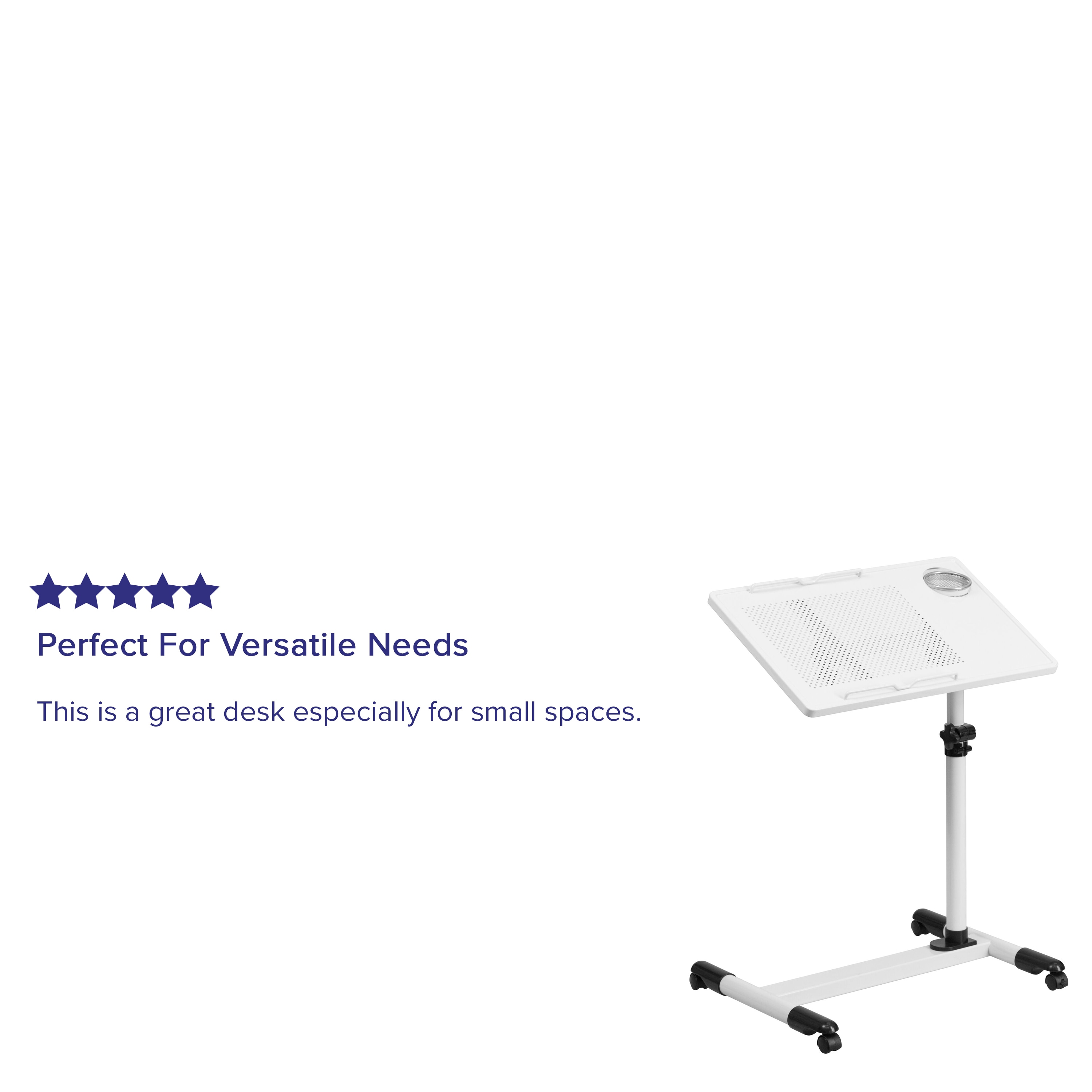 SwivelTop White Adjustable Steel Mobile Desk with Cup Holder
