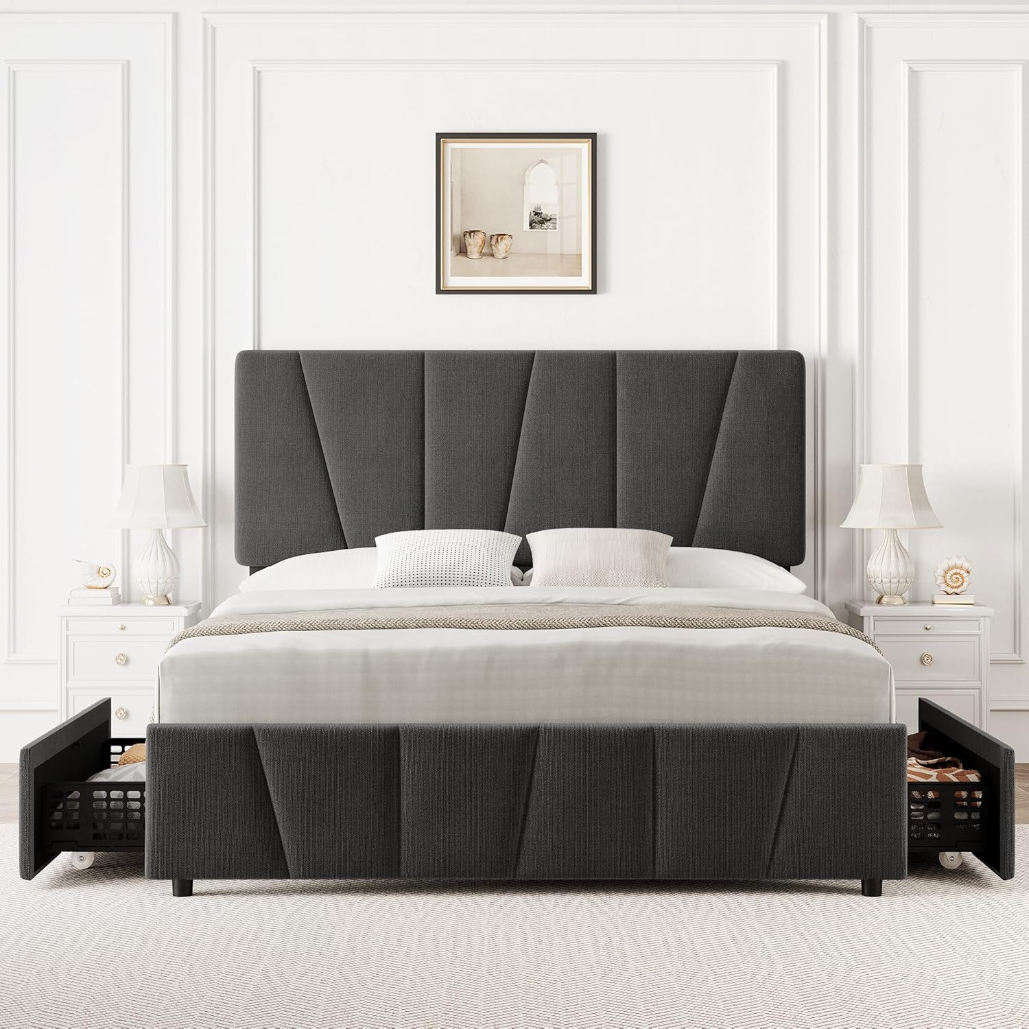 Qeetex LHF-BED-PHO-103KUWQV Queen Size Bed Frame with Adjustable Headboard and 2 Storage Drawers Soft Upholstered Platform Bed Frames with Wooden Slats Support No Box Spring Needed Dark Grey