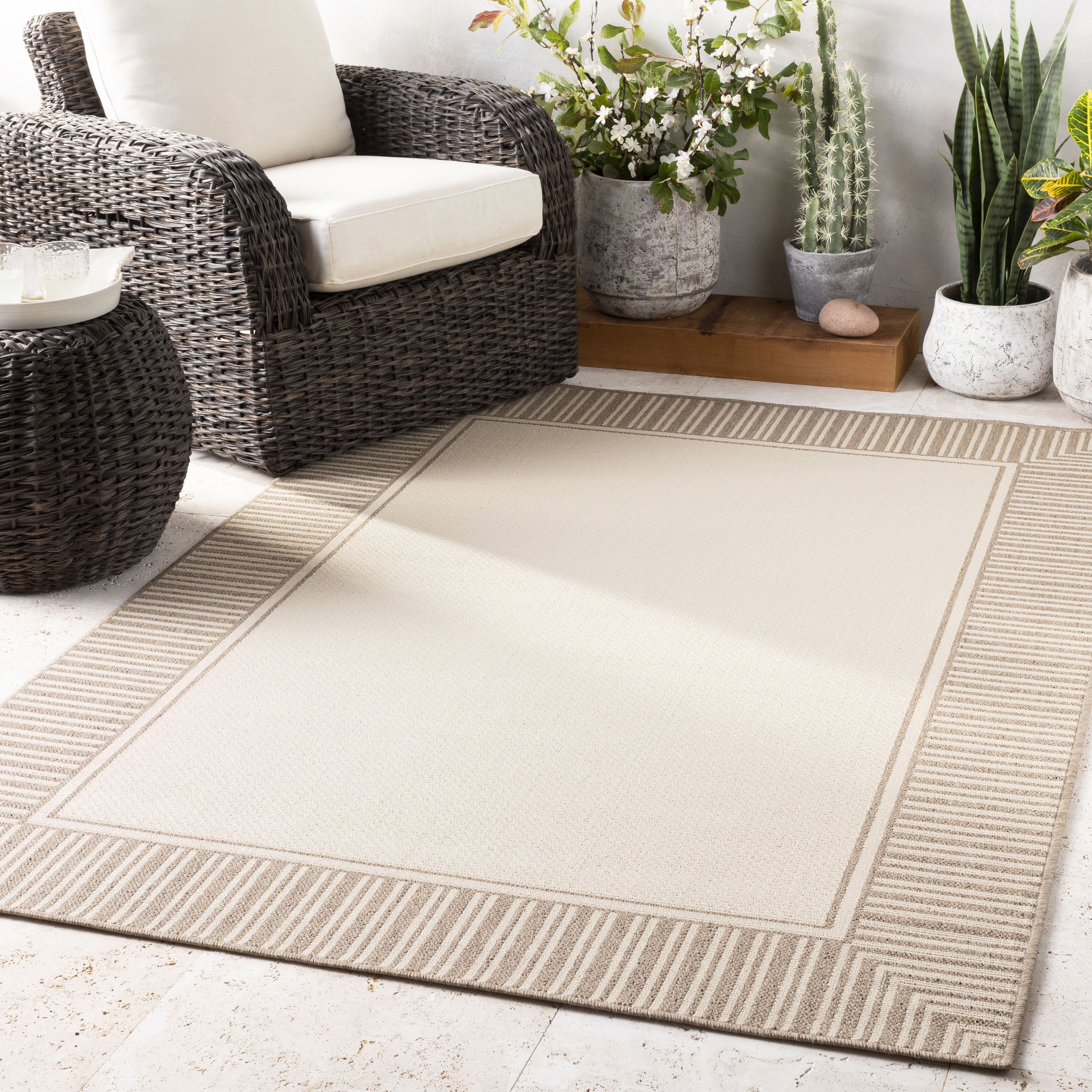 Livabliss Alfresco 7 X 7 (ft) Tan Square Indoor/Outdoor Border Area Rug ...