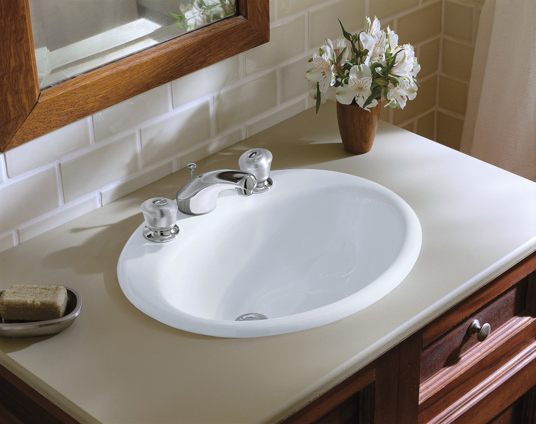 KOHLER 2905-8-0 Farmington Cast iron Drop-in Oval Traditional White Bathroom Sink ( 19.25-Inches x 16.25-Inches )