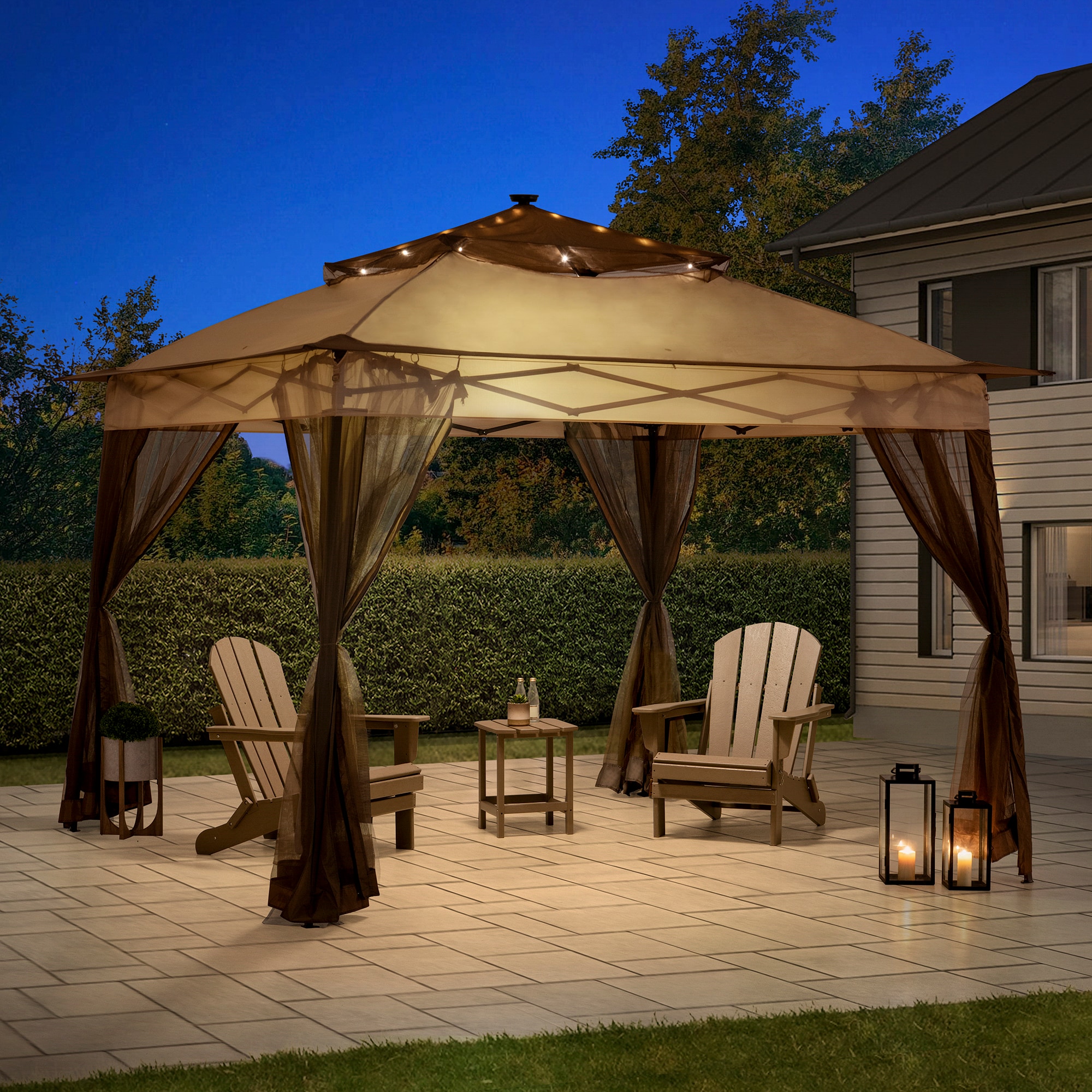 Brown Steel Frame Pop-Up Gazebo with Solar LED Lighting