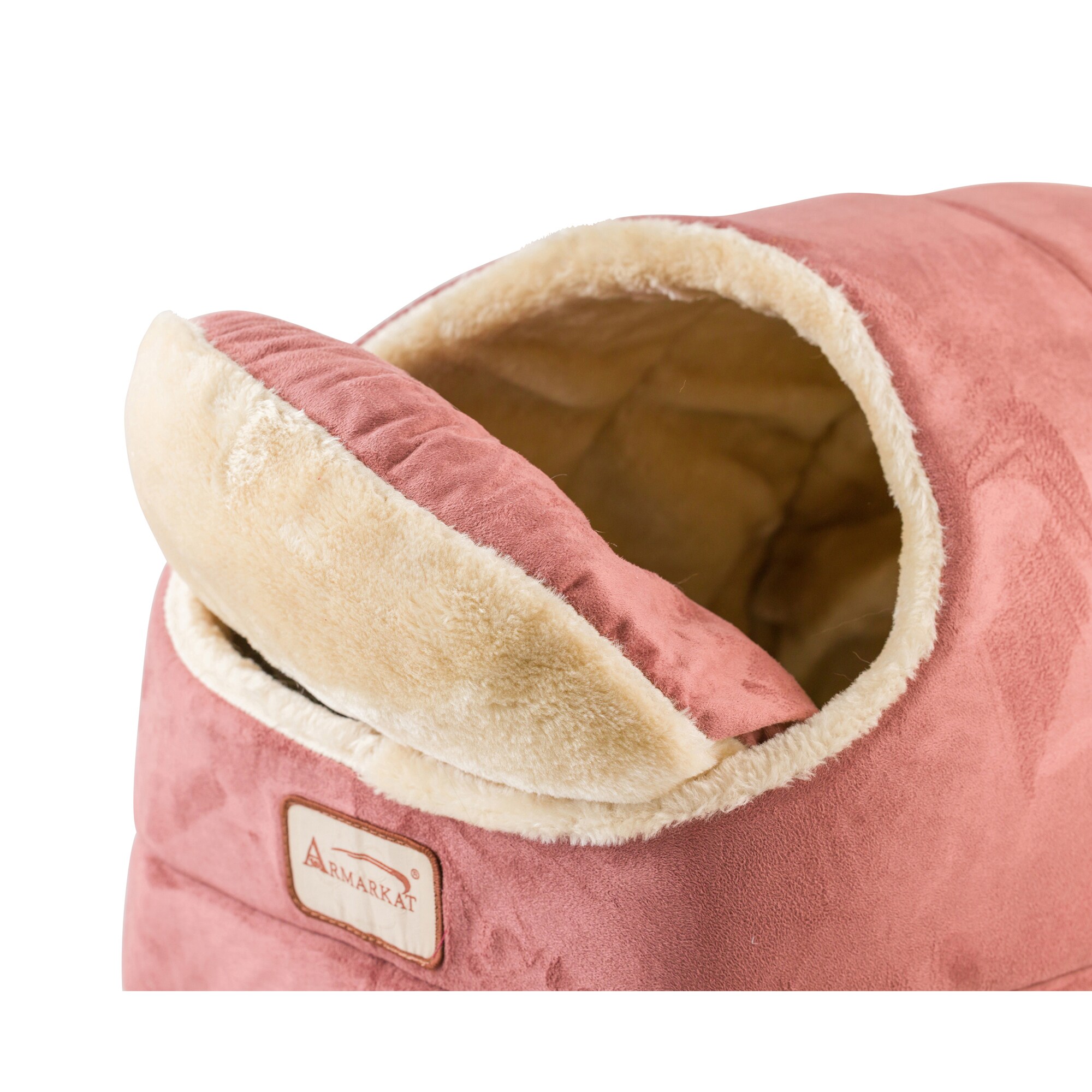 Large Red and Beige Suede Oval Cat Bed