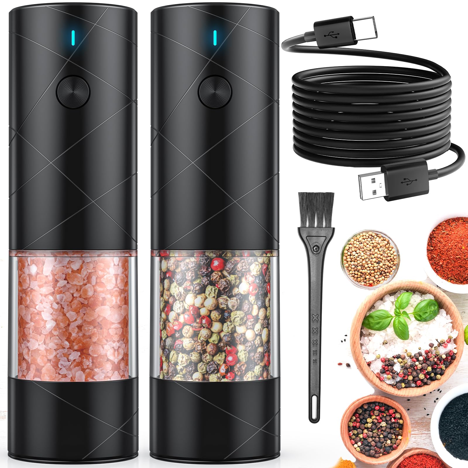 Vrbgify  2 Pack Electric Salt and Pepper Grinder Set USB renewable power with Warm LED Light Adjustable Coarseness Large Capacity Automatic Mill