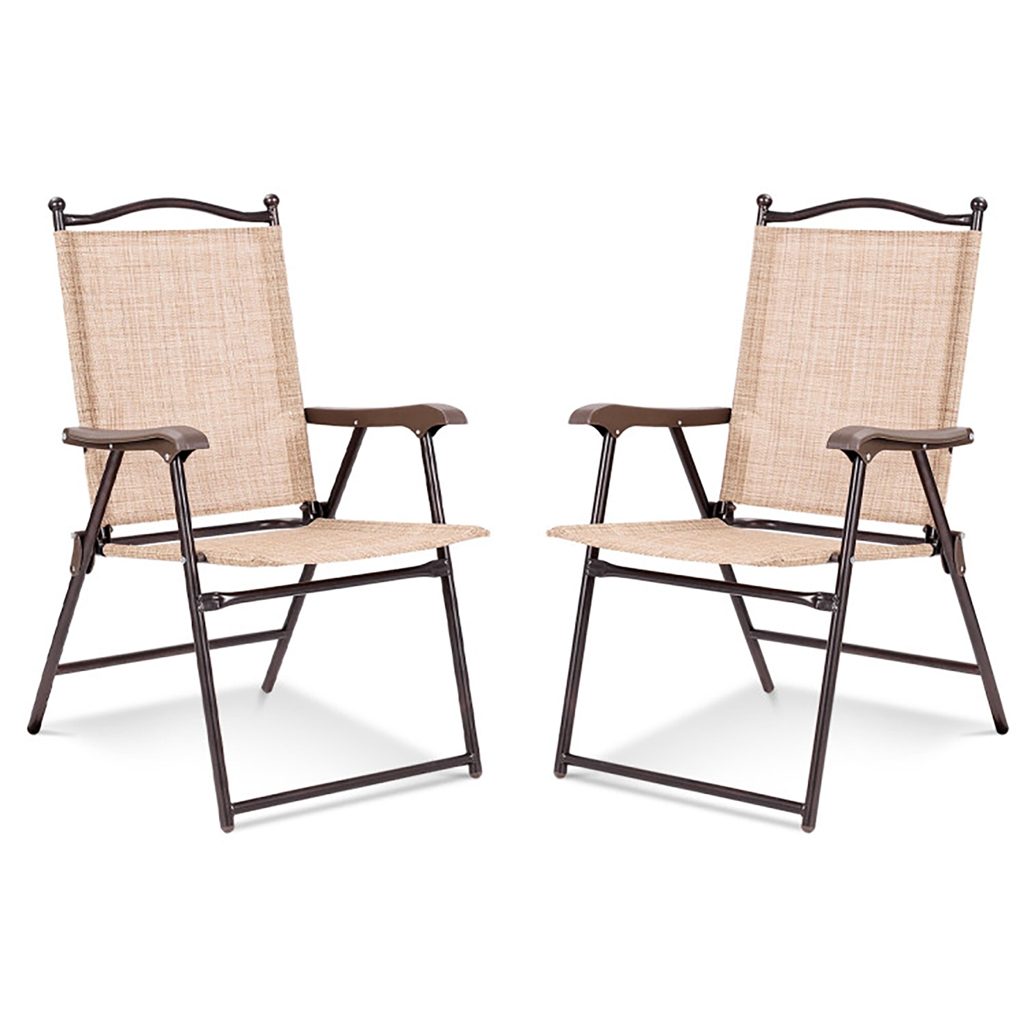 CASAINC WF-SM-37-LB Folding Camping Deck Chairs Set of 2 Brown Metal Frame Stationary Beach Chair with Beige Solid Seat