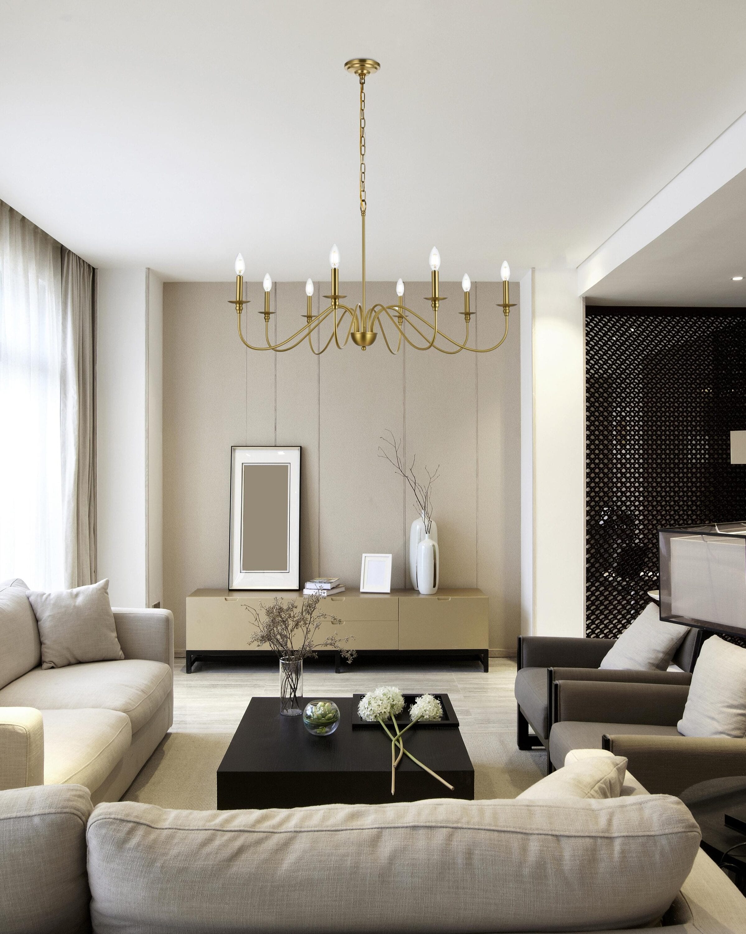 Satin Gold 42" 8-Light Metal Chandelier with Adjustable Chain