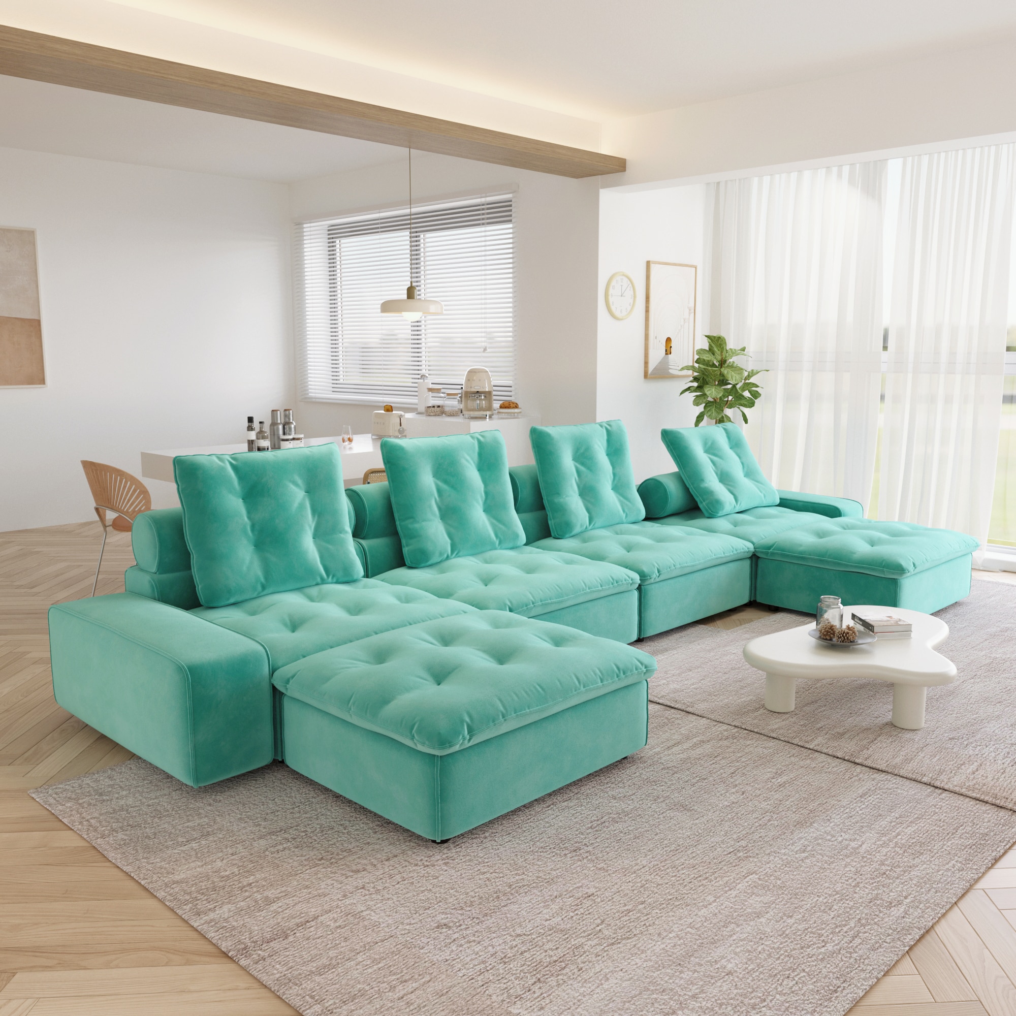 BuotiqHom DH-S4+2-136TB 175-in Modern Tiffany Blue Velvet 6+ -seater Sectional