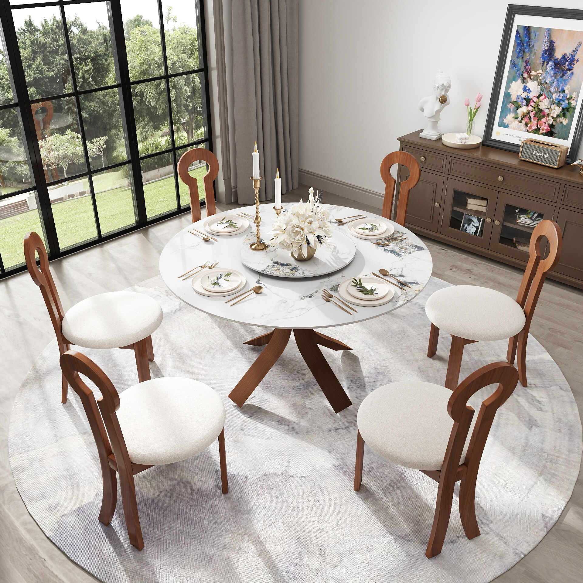 BuotiqHom DH-B-135F60-2R 53 in. Ink/Bronze Round Contemporary/Modern Dining Table, Ceramic with Primed Steel 53-Inches L x 29.5-Inches H