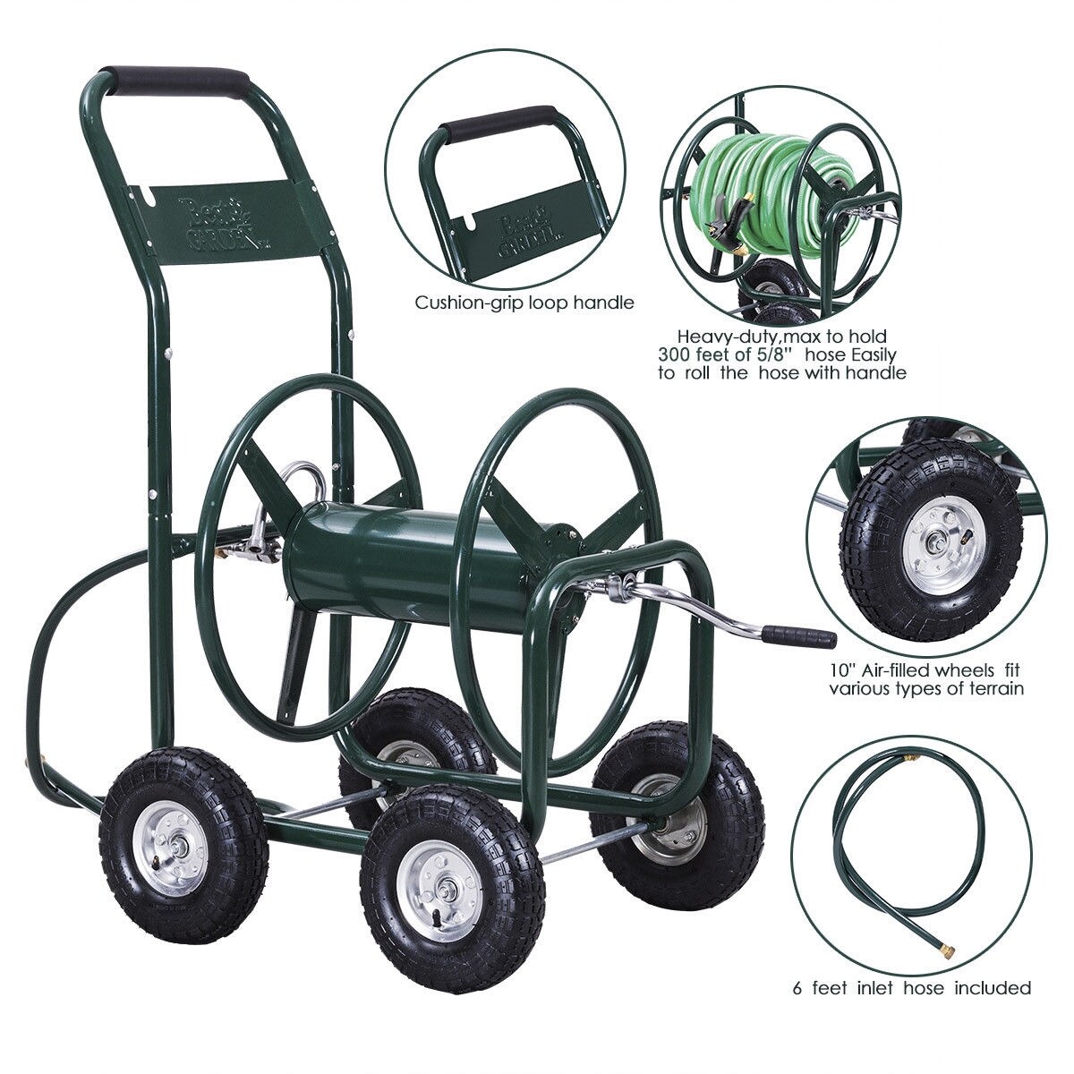 WELLFOR Portable Green Garden Hose Reel Cart with 300 ft Capacity, Steel Construction, Manual Operation | TBG3381