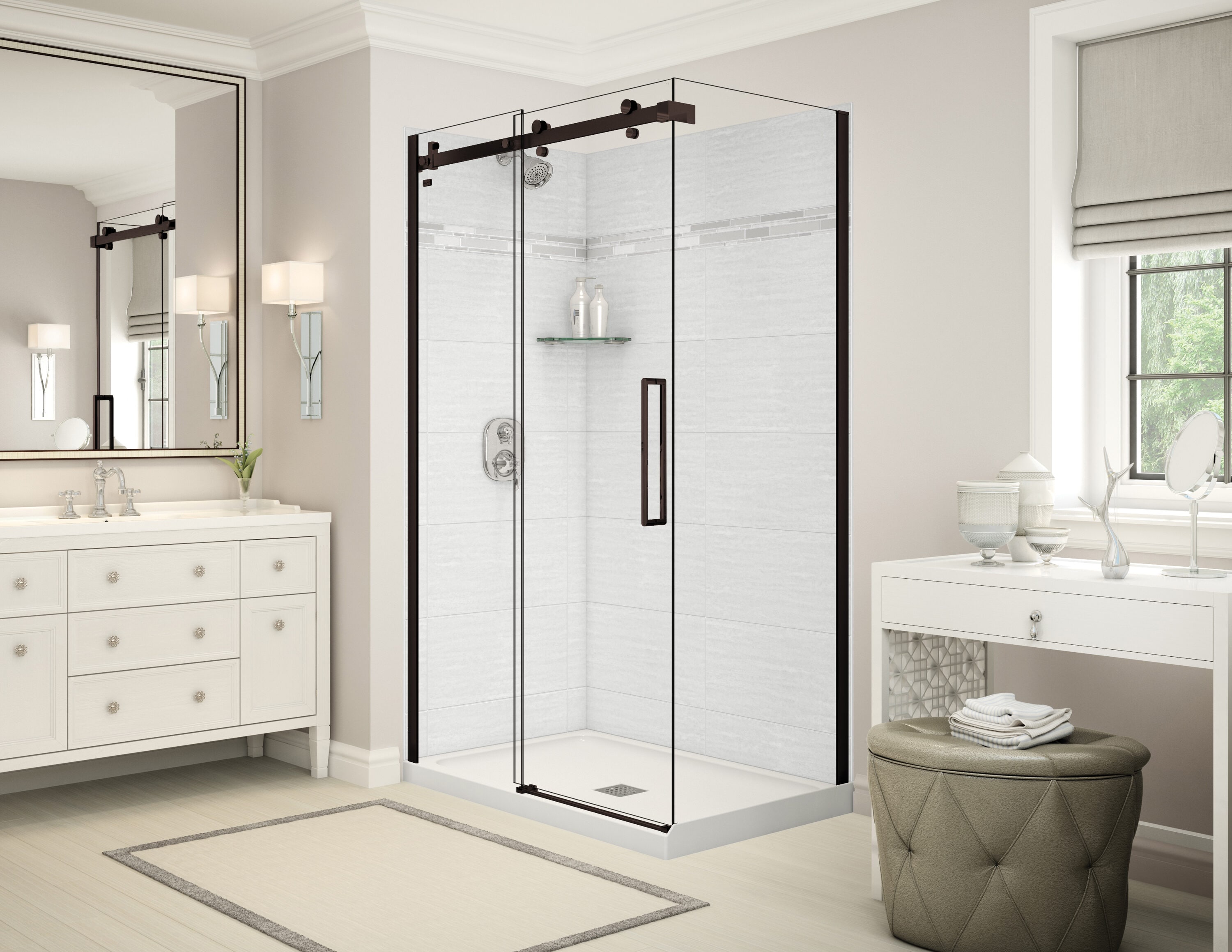 MAAX 106367-300-524-101 Utile 5 -Piece 32-in W x 48-in L x 83-in H Rectangular Corner shower kit ( Center Drain) Base, Wall, Door and Drain Included Dark bronze Hardware Included
