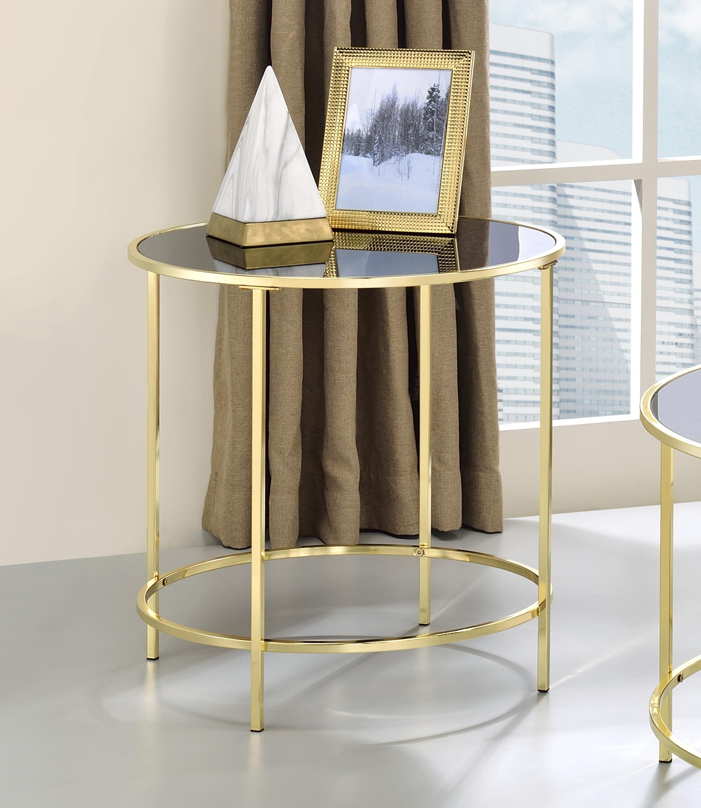 Furniture of America IDF-AC256GD Whitwell 22-Inches W x 22-Inches H Gold and Black Glass Round Modern End Table Assembly Required