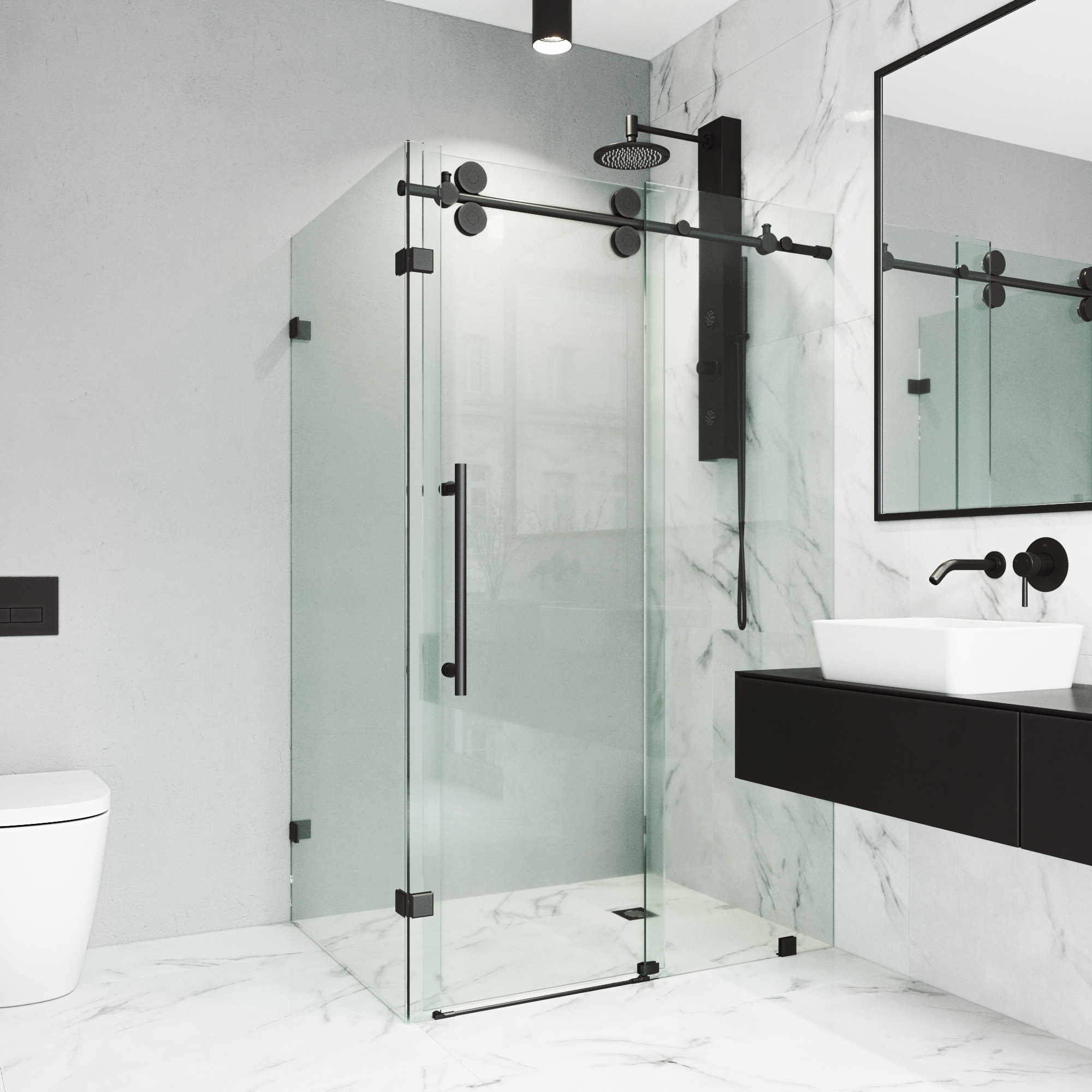 Winslow 46" Matte Black Frameless Sliding Shower Enclosure with Clear Glass
