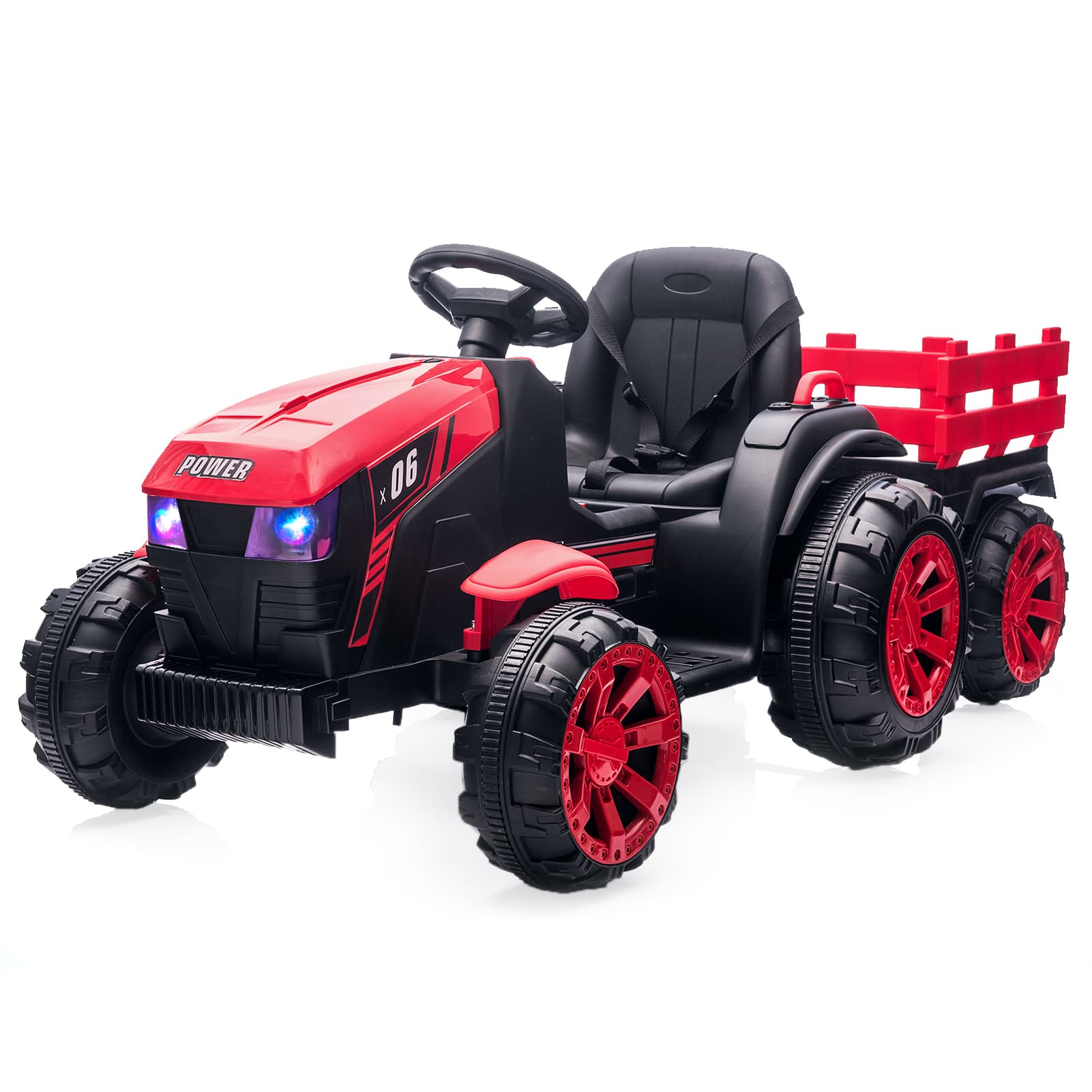 Qeetex TOYPTO0Z1TL081 12V Kids Ride On Tractor With Trailer Remote Control Dual Motors Led Lights Music Startup Sound Electric Vehicle Red