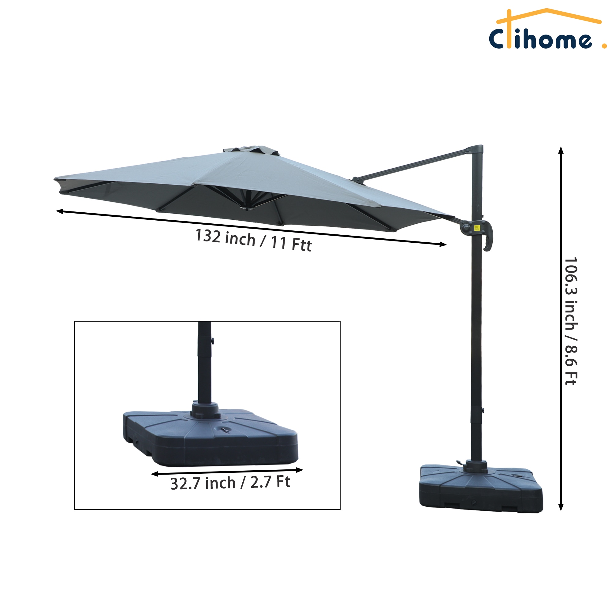 Clihome 11-ft Gray Crank Cantilever Patio Umbrella with Base in the ...