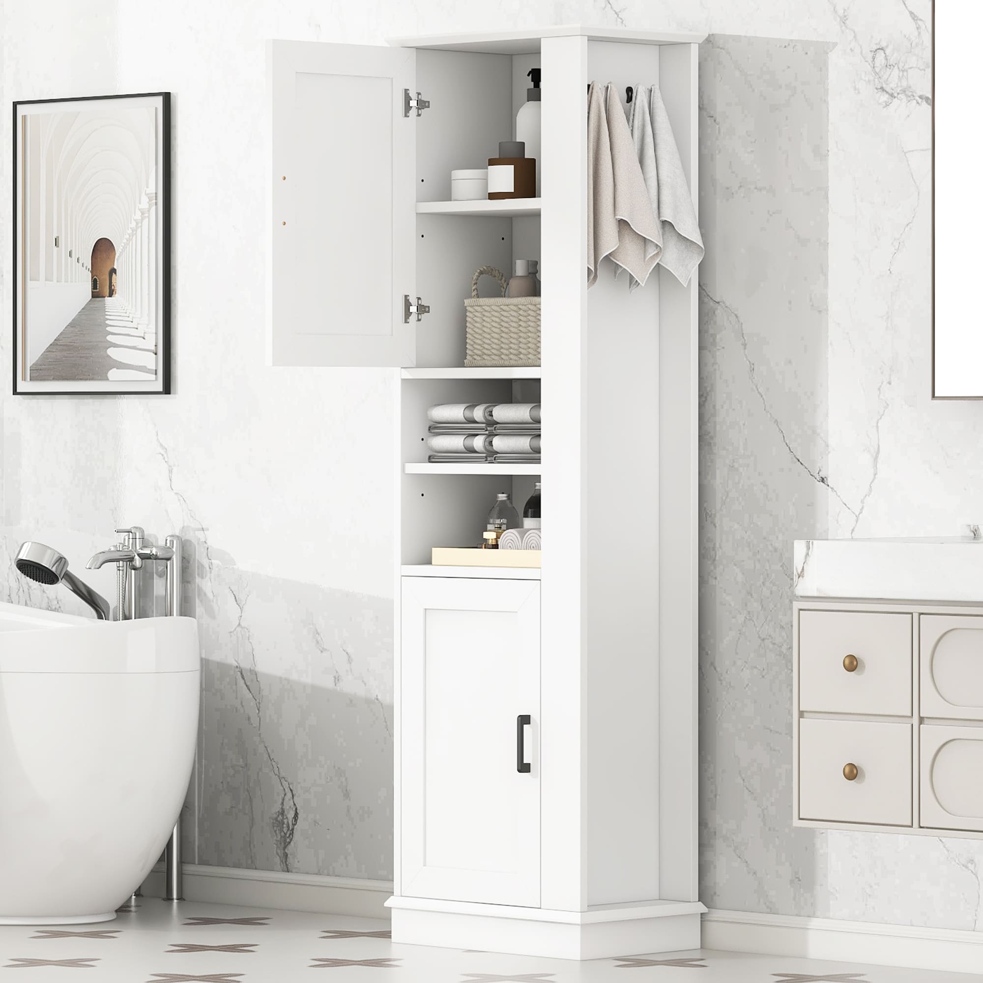 GDFStudio Modern 69 in Tall Freestanding Storage Cabinet with 2 Doors Hook and Adjustable Shelf - White
