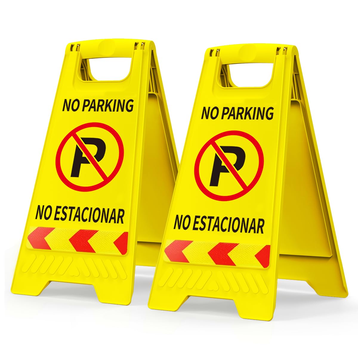 Afoxsos  No Parking Signs 2 Pack Double Sided English Spanish Text Reflective Tape Portable Folding Bright Yellow Warning Sign for Commercial Use