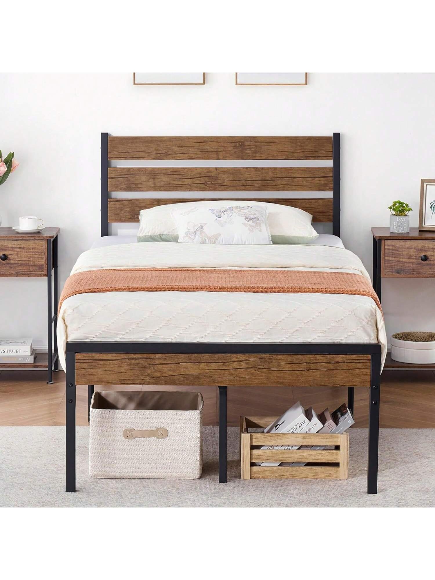 Qeetex PHO-0QLVKWLG-HF4 Twin/Full/Queen Size Bed Frame With Rustic Vintage Wood Headboard, Mattress Foundation, Strong Wood Slats Platform Support, Under Bed Storage, Noise-Free, No Box Spring Needed